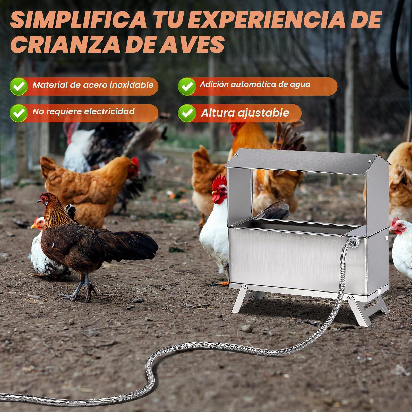 Bebedero automático de 6 l para gallinas de acero inoxidable, dispensador con válvula de flotador y soporte de pedalier, bebedero para gallinas, patos, gansos y pavos