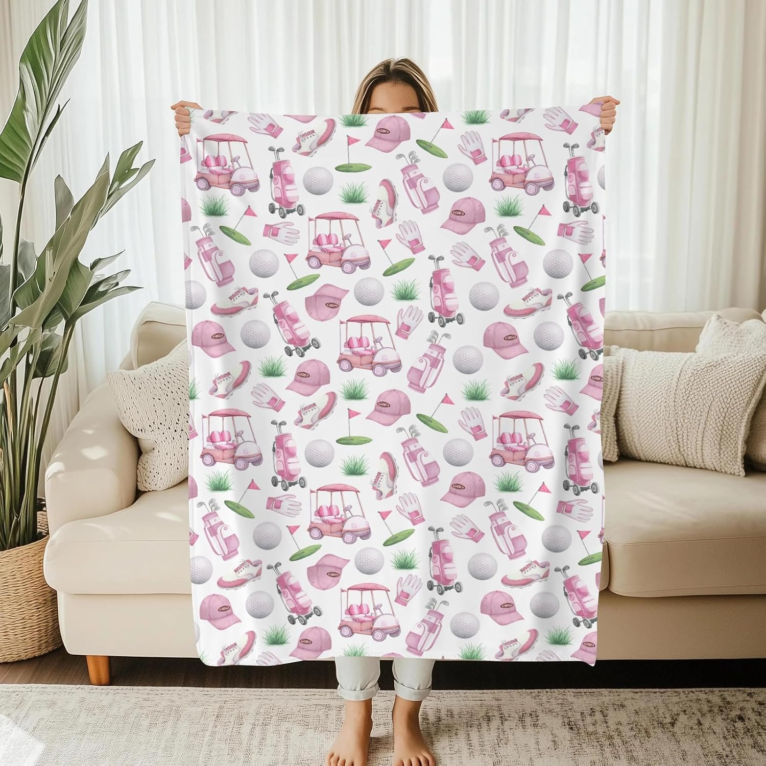 Golf Days Sports Golfing Baby Blankets for Boys Girls Vintage Golf Cart Clubs Balls Soft Cozy Infant Toddler Newborn Receiving Blankets for Crib Stroller Pink 60x80in