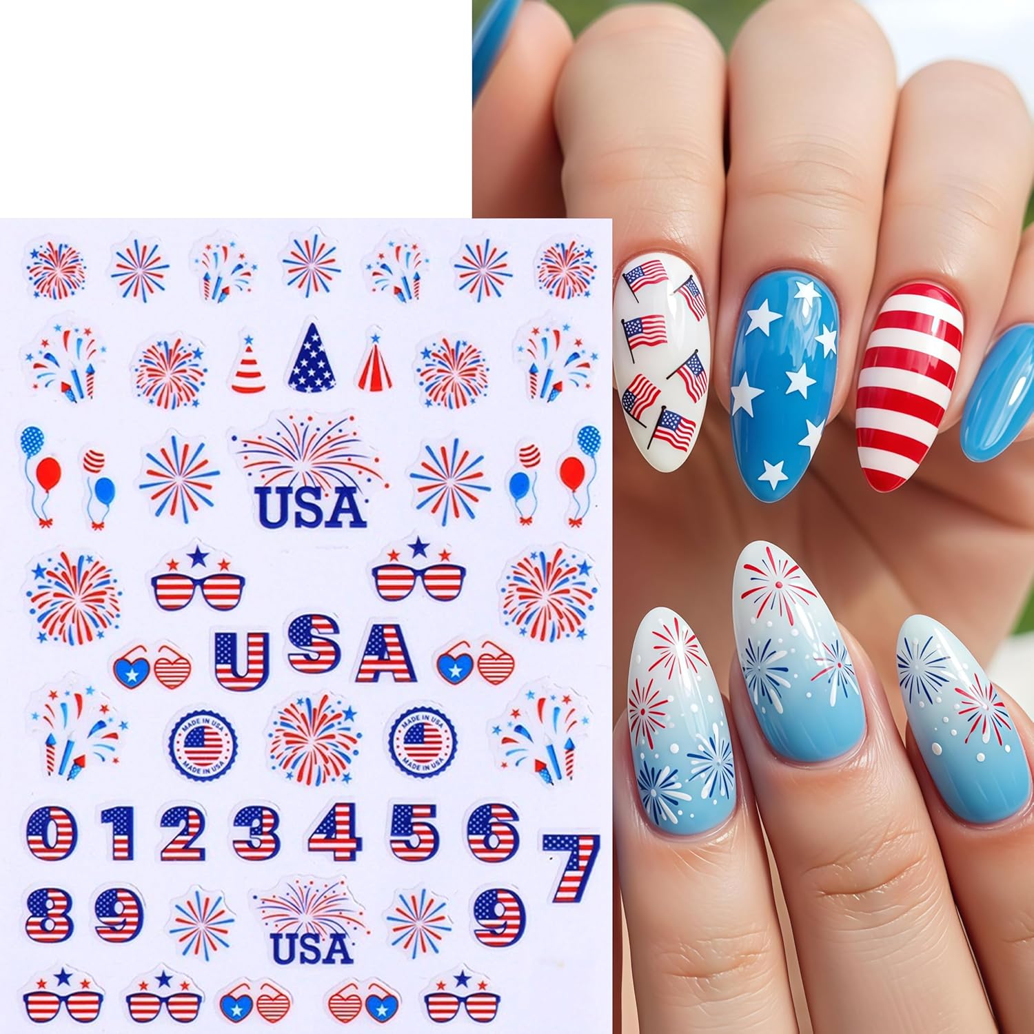 6 Sheets 4th of July Nail Stickers for Nail Art 3D Self Adhesive Independence Day Nail Art Stickers American Flag Stars Fireworks Nail Decals Patriotic Letter Nails Decoration Accessories for Women