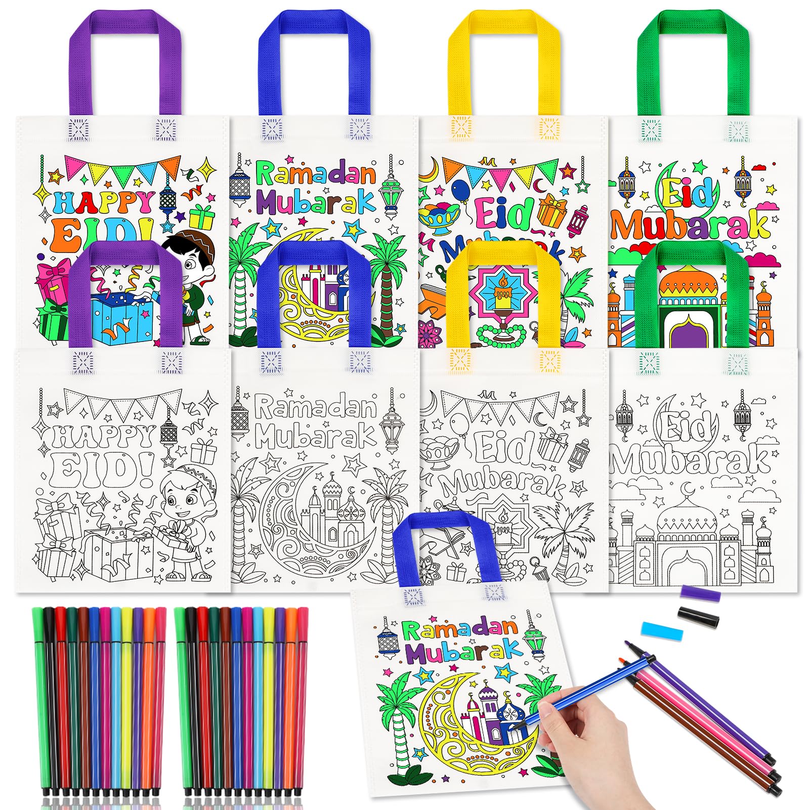 HOWAF 12pcs Eid Holiday Coloring Goodie Bags with Paint Pens for Kids, Eid Mubarak Coloring Candy Bags Ramadan Mubarak Coloring Gift Bags, Ramadan Kareem Reusable Canvas Bag Party Favors Coloring