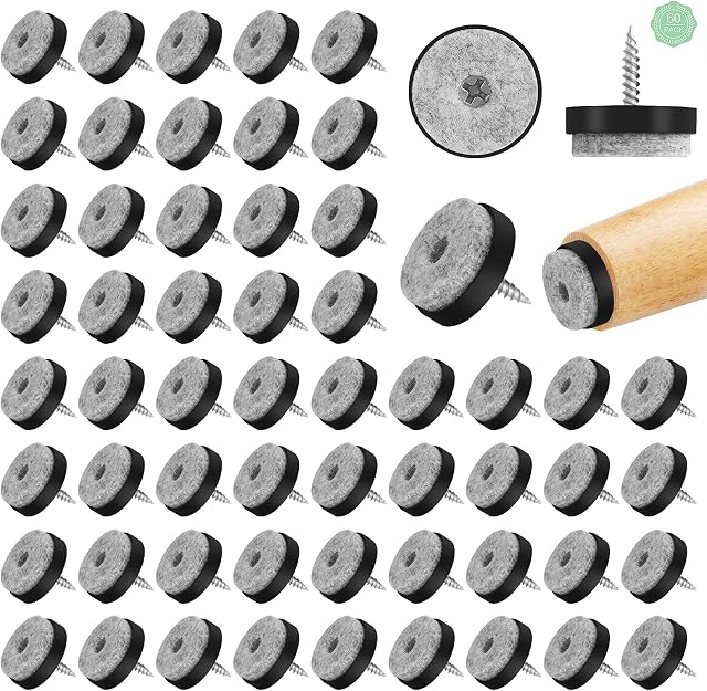 ShiSheng 60 Pcs Furniture Felt Pads Felt Glider with Screw 25mm Furniture Felt Gliders Round Non Slip Chair Sliders Floor Protector Pads for Wooden Hardware Furniture, 2.5x2.5cm (WW-FeltPads-038)