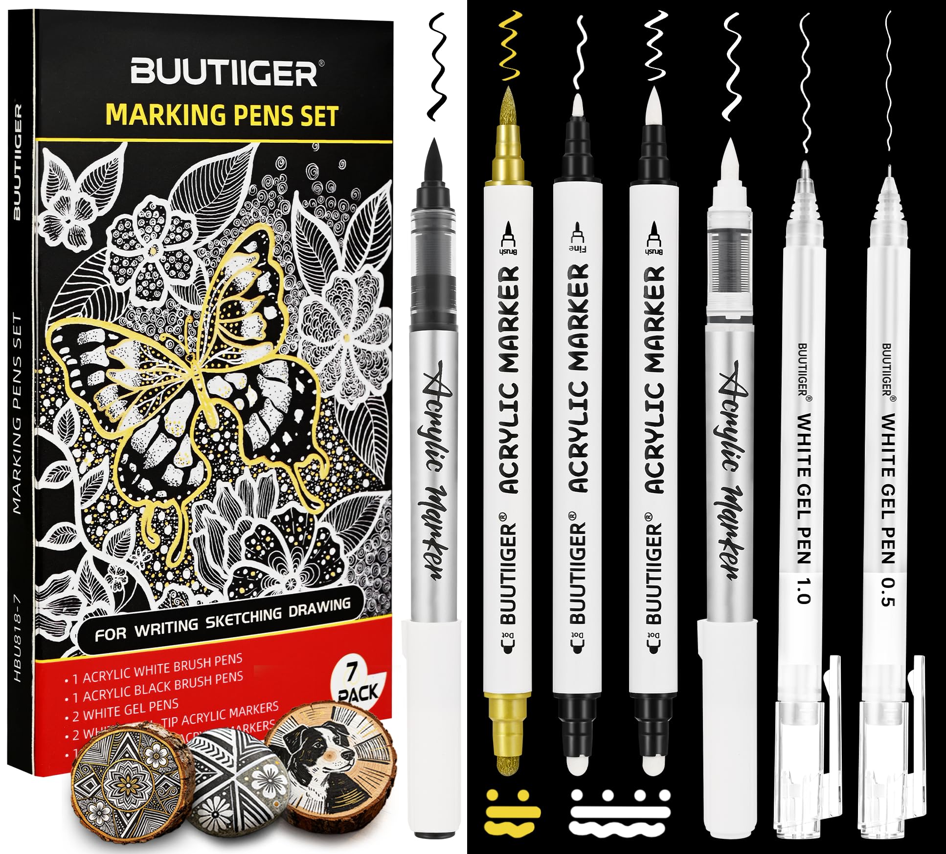 White Gel & Acrylic Paint Pens with Metallic Gold Black Brush Markers