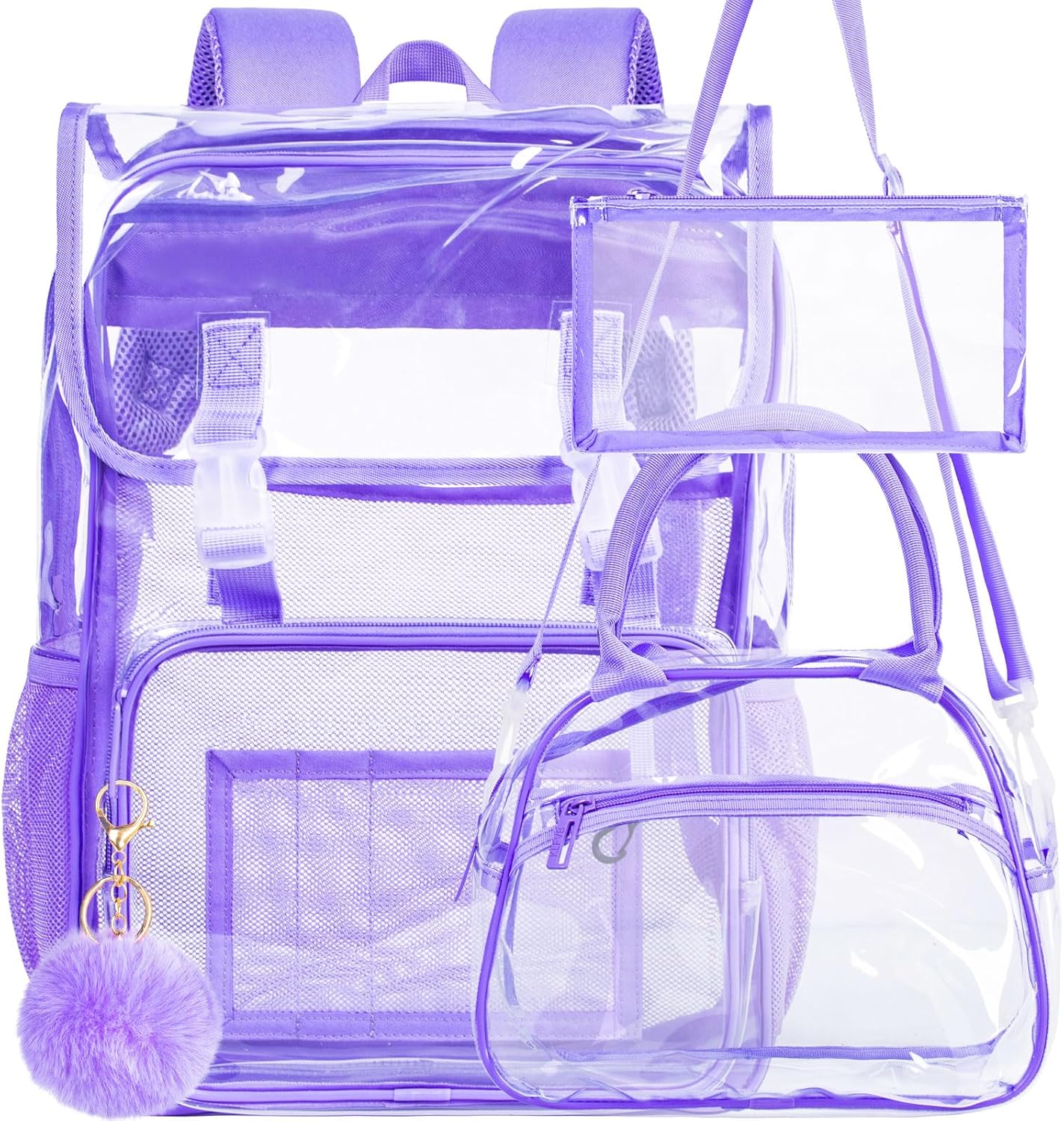 17" Flip Top Clear Backpack, 3Pcs Stadium Approved Set, Heavy Duty Transparent Bookbag for Gym/Concert (Black)
