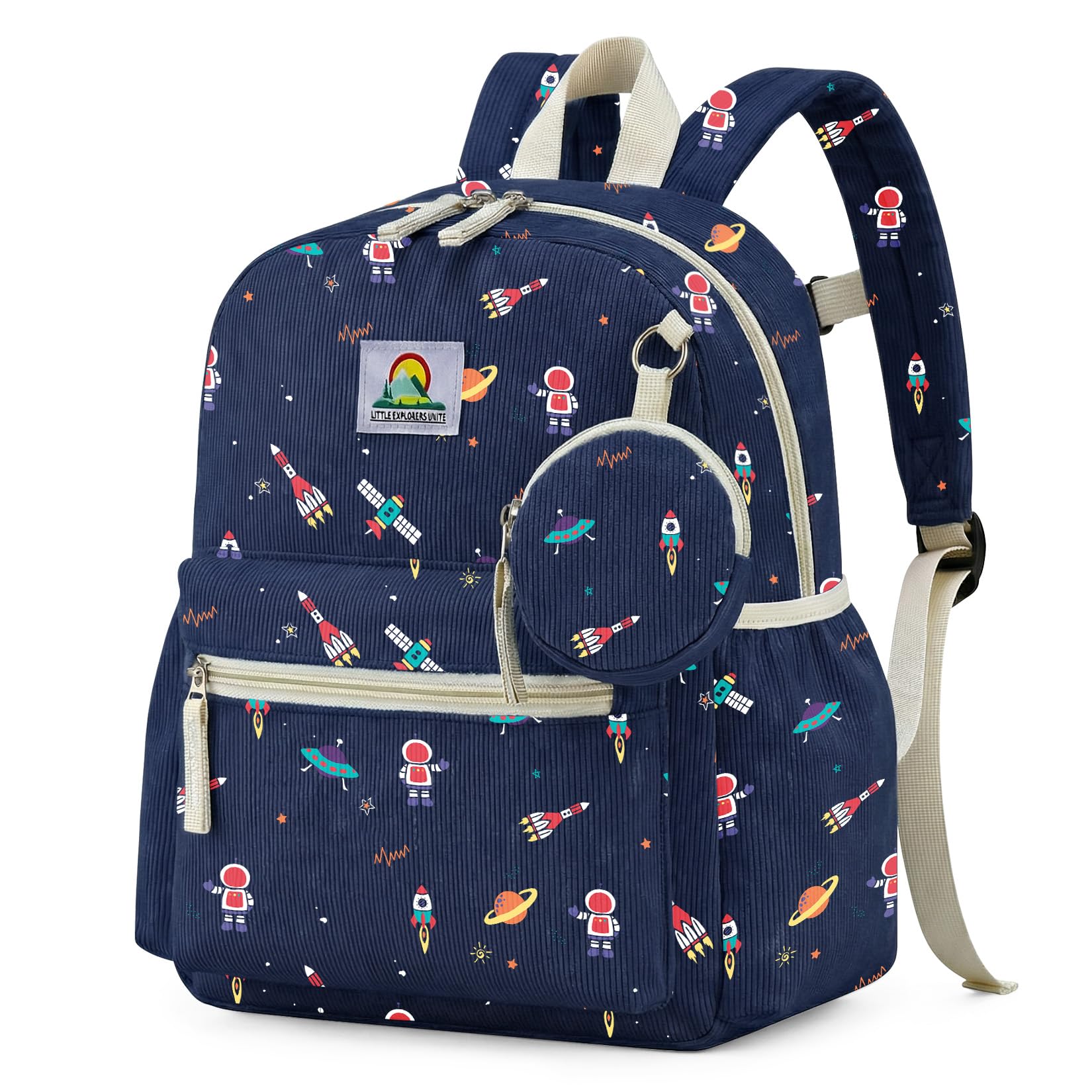 Meridova Corduroy Toddler Backpack for Boys 2-5: Space Astronaut Kids backpack for Boys - 13.5 inch Preschool Kindergarten Backpacks with Coin Purse