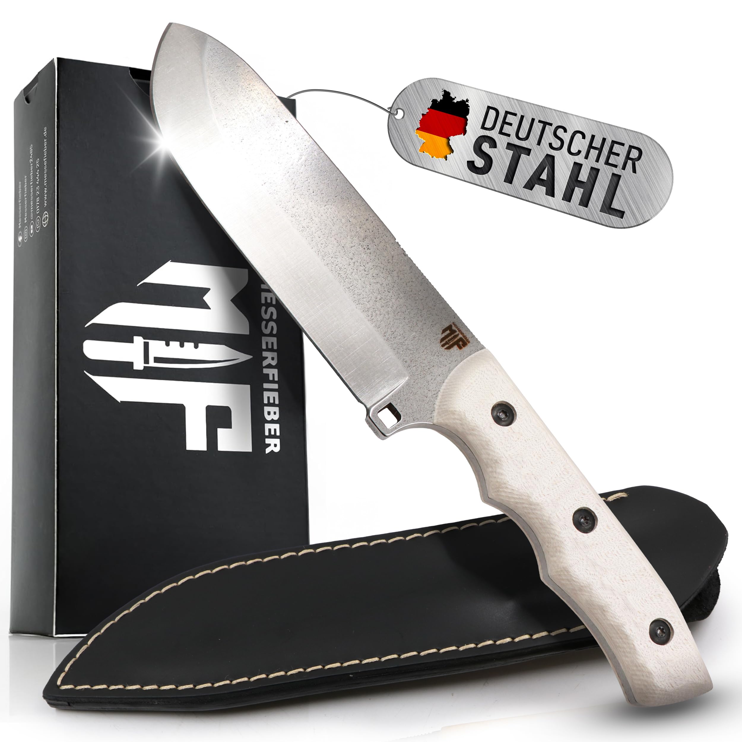 Messerfieber® Bushcraft Dog Messer Extra Groß & Kompromisslos Robust – Outdoor Survival Messer mit 145 mm Klinge aus 1.4116 Edelstahl & Stonewash-Finish – Fulltang Bauweise inkl. Lederscheide (Weiß)