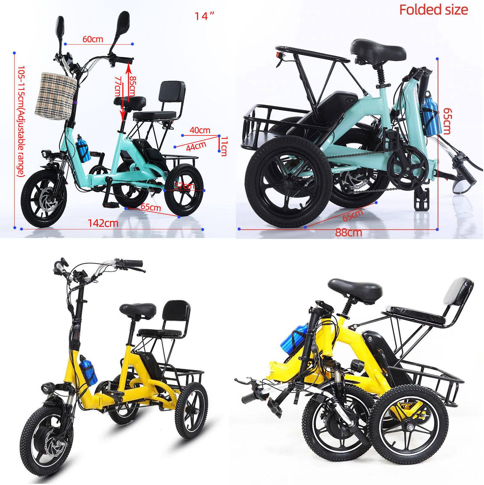 Triciclo Elettrico Pieghevole,E-Bike a 2 Posti,Batteria 48 V 10 Ah,Bicicletta Elettrica a 3 Ruote Con Display LCD,Autonomia Fino a 45 Km, Triciclo per Adulti E Genitori,Portata Massima: 180 Kg Yellow