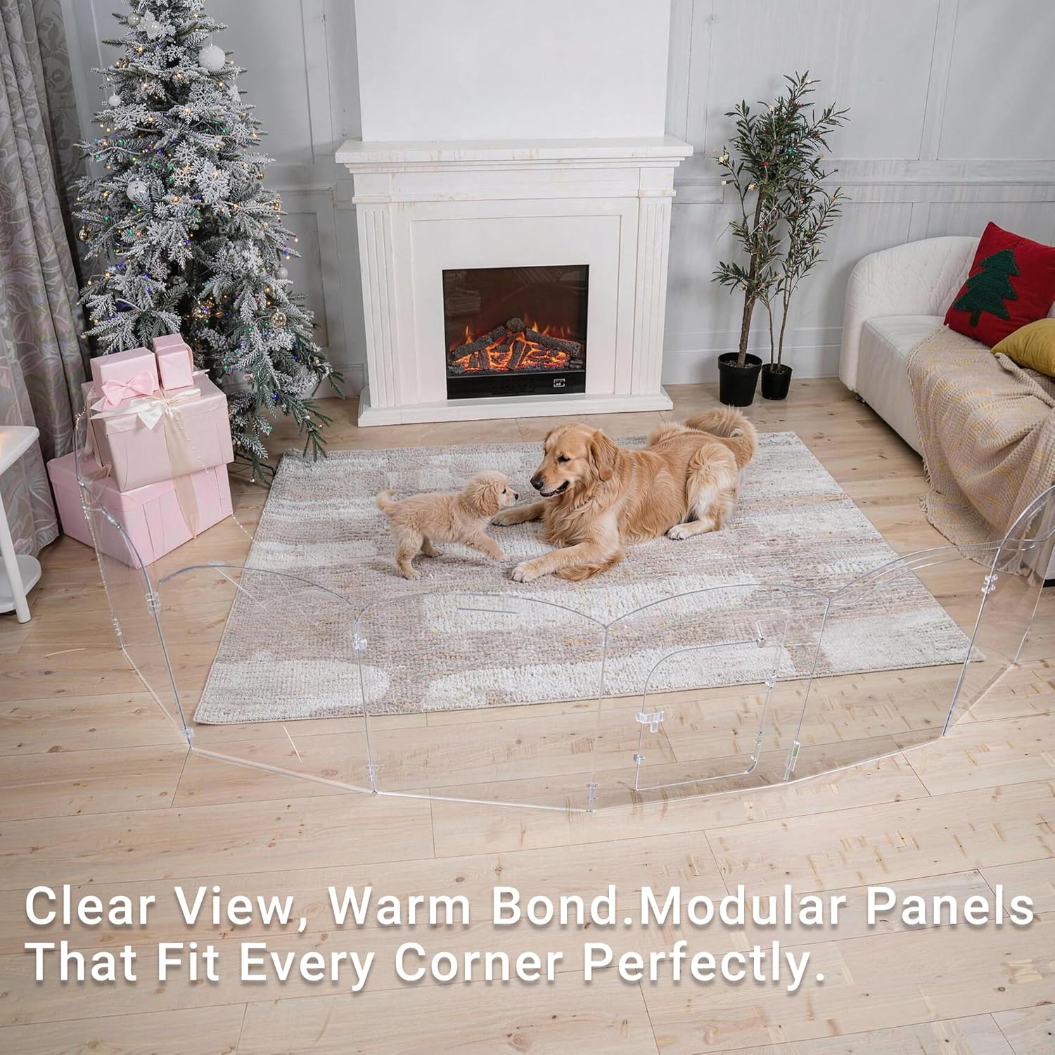 Clear Acrylic Freestanding Dog Gate – Folding 6-Panel Pet Barrier with Built-in Pet Door for Doorways, Stairs, Hallways & Large Openings, Indoor Fence for Dogs, Cats & Small Animals