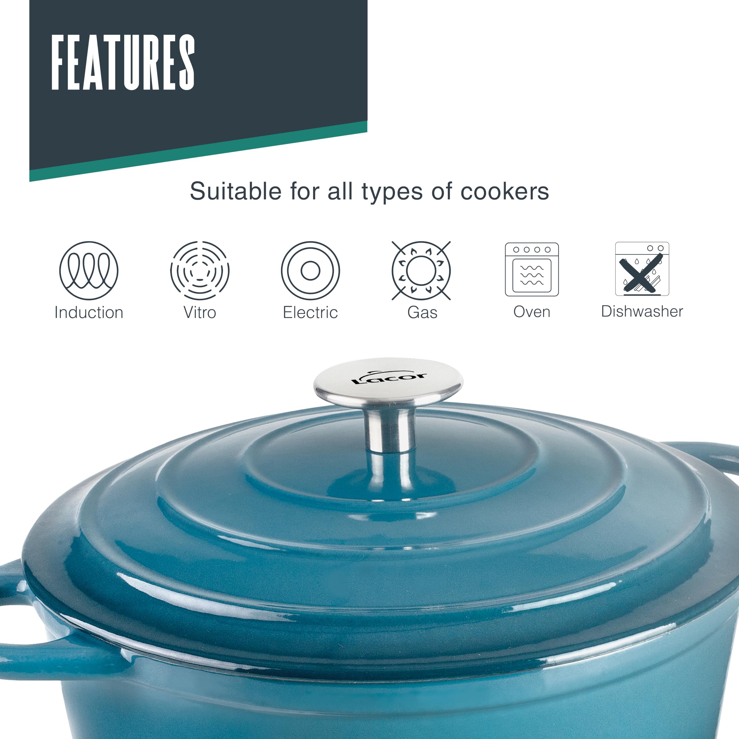 Lacor - 71700 - Casseruola in Ghisa Smaltata, 2,5 Litri, Diametro 20 cm, Tondo Ocean, Cottura Uniforme e Resistente, Adatta per Induzione, Forno e Lavastoviglie