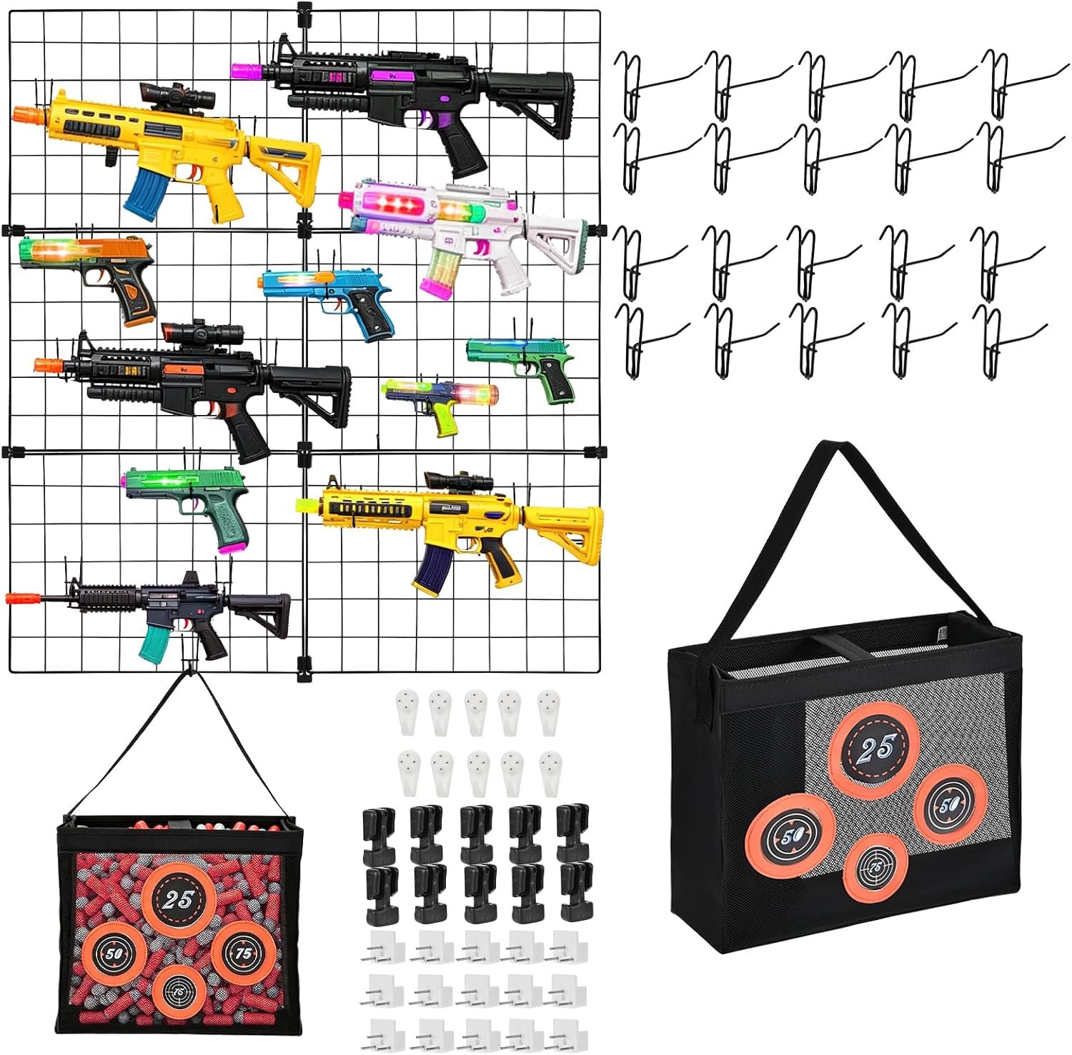 Wall Mount Storage Organizer for Toy Guns, Metal Toy Gun Storage and Accessories with Shooting Practice Target, Wall Mount Hanging Toys Gun Holder for Foam Blasters Gun Accessories Room Game Room