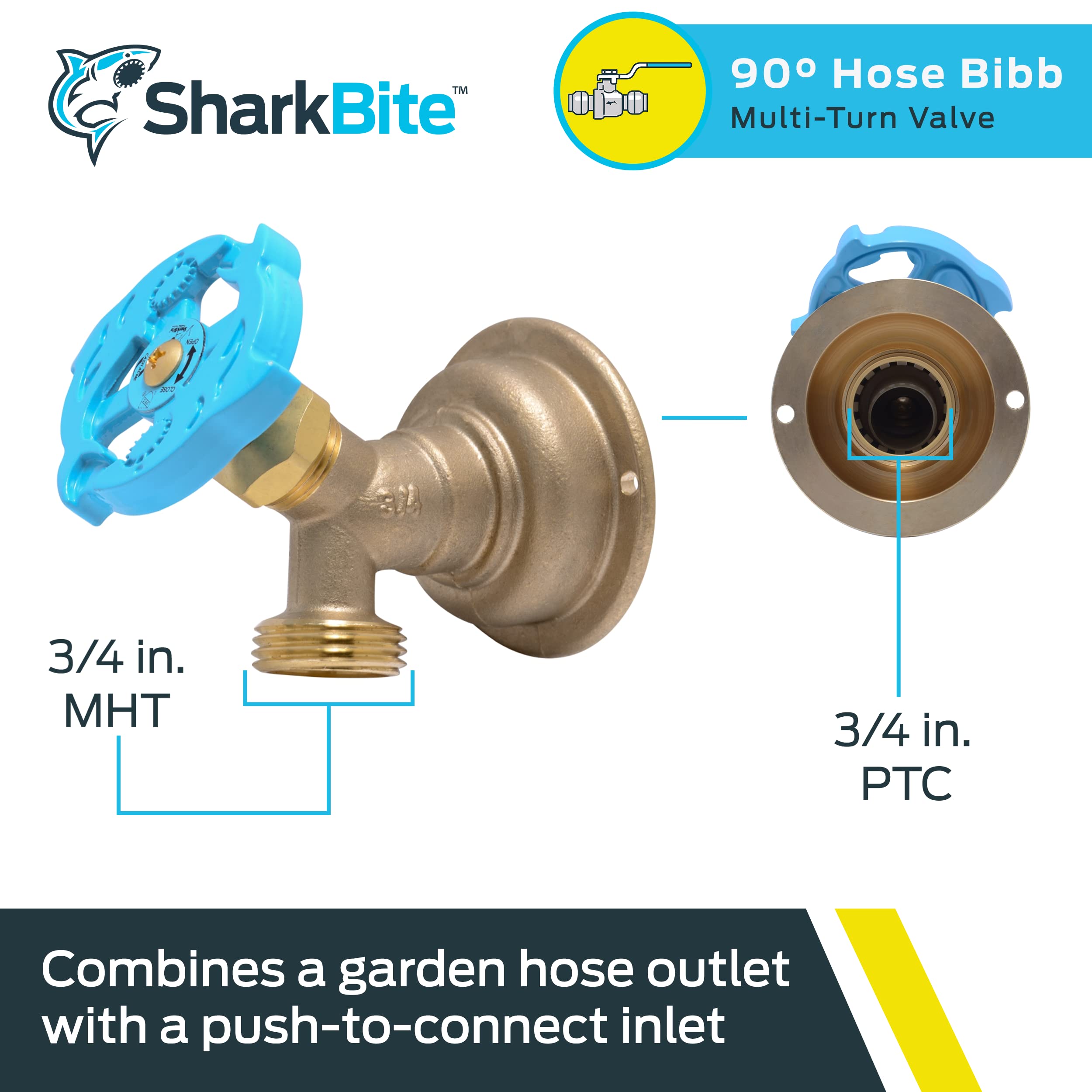 SharkBite 24627LF 90° Manguera Bibb, Multi Turn, x 3/4"