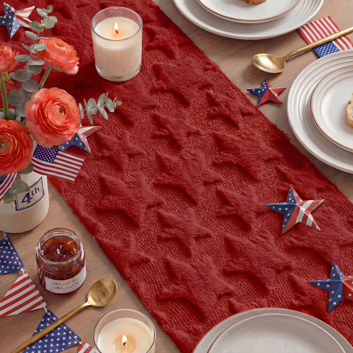 Artoid Mode Red Soft Plush Faux Fur Jacquard Patriotic Stars 4th of July Table Runner, Memorial Day Holiday Kitchen Dining Table Decoration for Home Party Decor 13x72 Inch