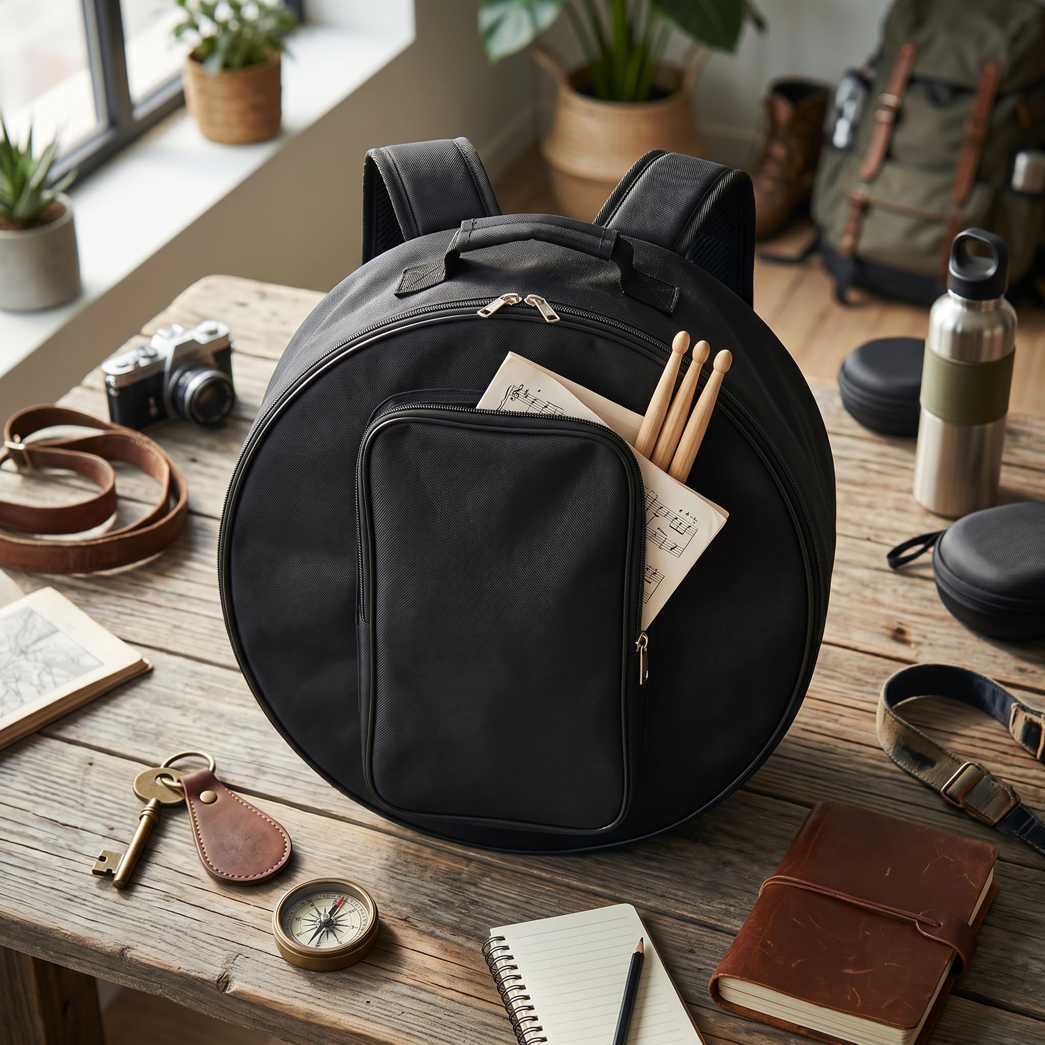SEAFRONT Case de Mochila de Tambor Negro, Bolsa de Batería de 14 Pulgadas con Tela de Nylon Correa de Hombro, Bolsillos Exteriores para Palitos de Batería Libro de Música Protectora (Black)