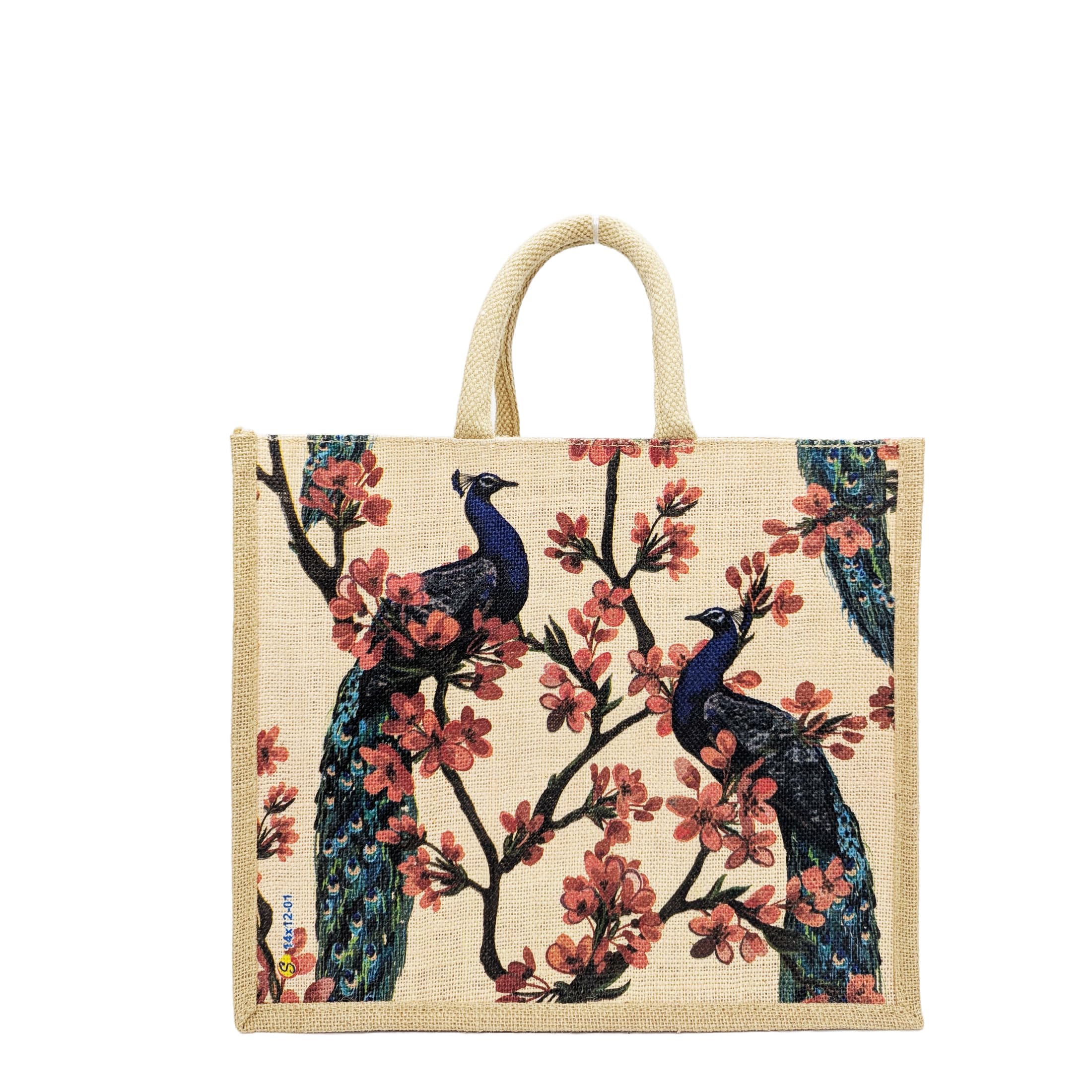 Multicolor Jute bag for Women and Men Lunch Bag with Zip and Handle (Flower Blue)