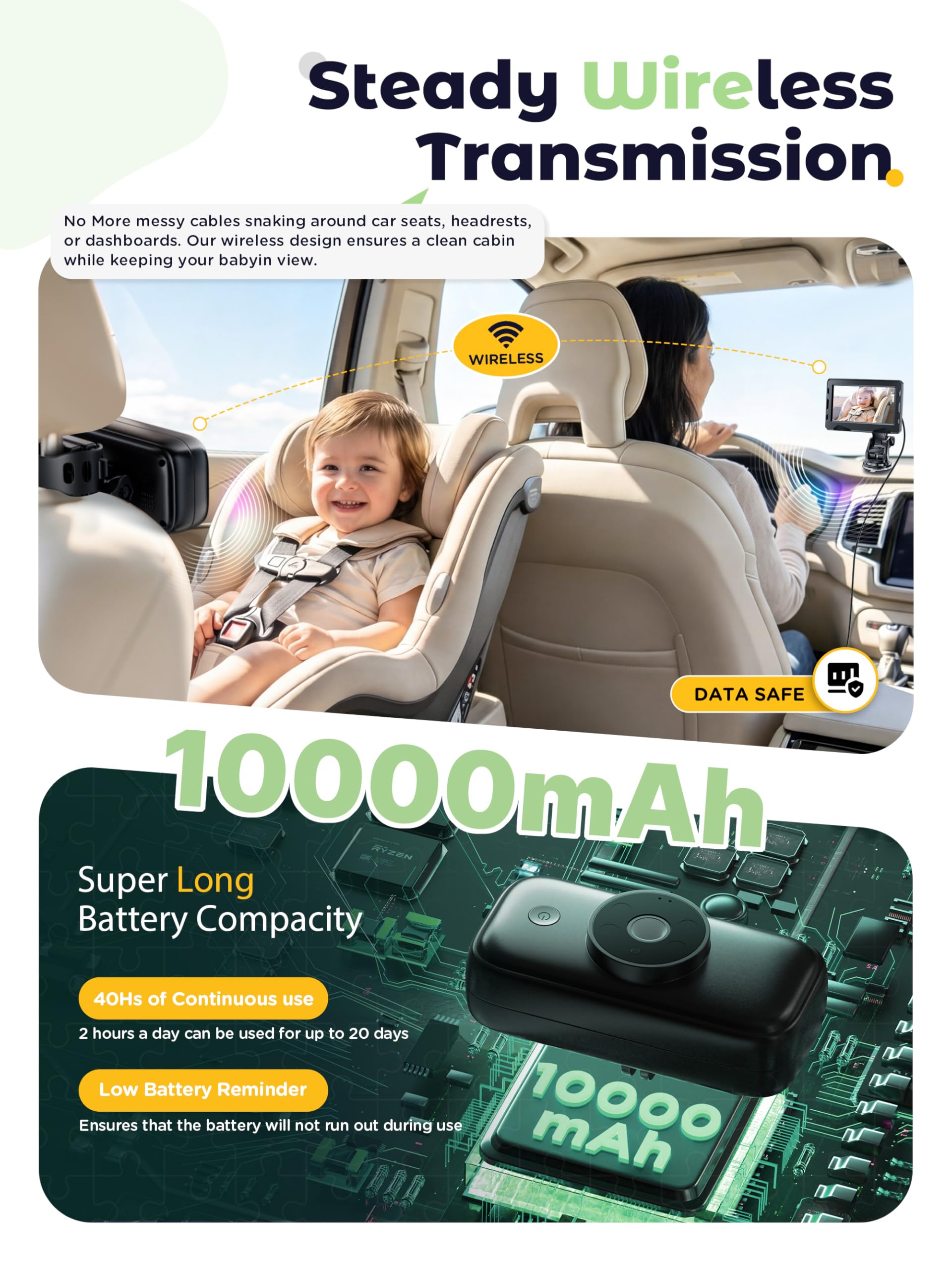 Cámara de bebé inalámbrica para coche HD 1080P, espejo de coche con visión nocturna, batería de 10000 mAh, pantalla HD de 4,3 pulgadas