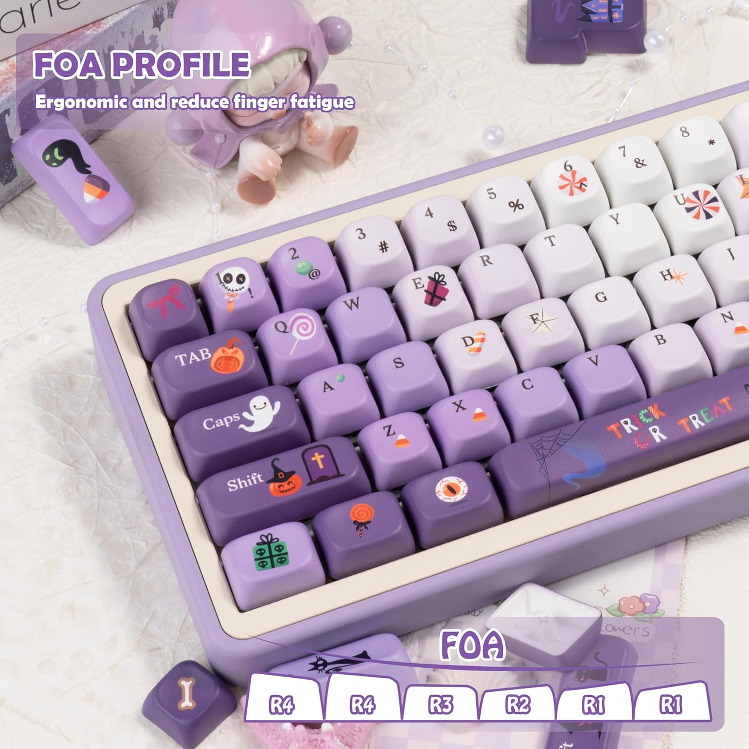 Gradient Purple PBT Keycaps Set - MOA Profile Round Keycaps, Cute Ghost Deisgn, 5 Side Dye Sublimation, Cartoon Halloween Key Cap for Mechanical Gaming Keyboard, 143 Keys