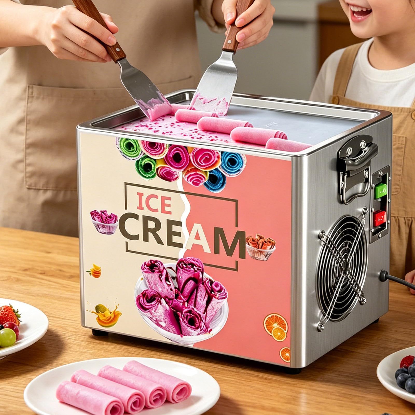 AETEREOS 330W Fried Ice Cream Roll Machine, 11.8" X 9.5" Stir-Fried Ice Cream Pans, Stainless Steel Commercial Rolled Ice Cream Maker with 2 Scrapers, for Fun Family Activities and DIY
