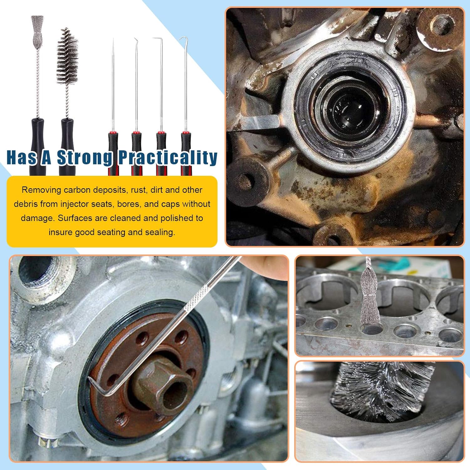 Glarks 6Pcs Injector Sleeve Cup Bore Seat Cleaning Brush Kit Replace AP0084 AP0085 3252 Compatible with 1994~2018 Ford Powerstroke 6.0L 6.4L 6.7L 7.3L, Caterpillar 3126 C7 C9, Navistar T444e