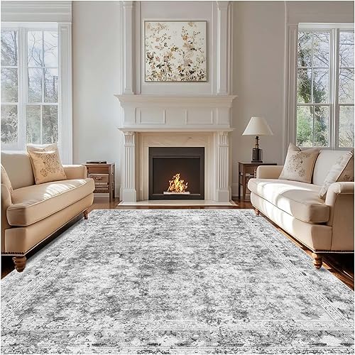 LOOMY 9x12 Vintage Floral Area Rug – Grey & White Low Pile Carpet for Living Room, Bedroom, Dining Room – Ultra Soft, Stain-Resistant & Non-Slip – Pet-Friendly Traditional Accent