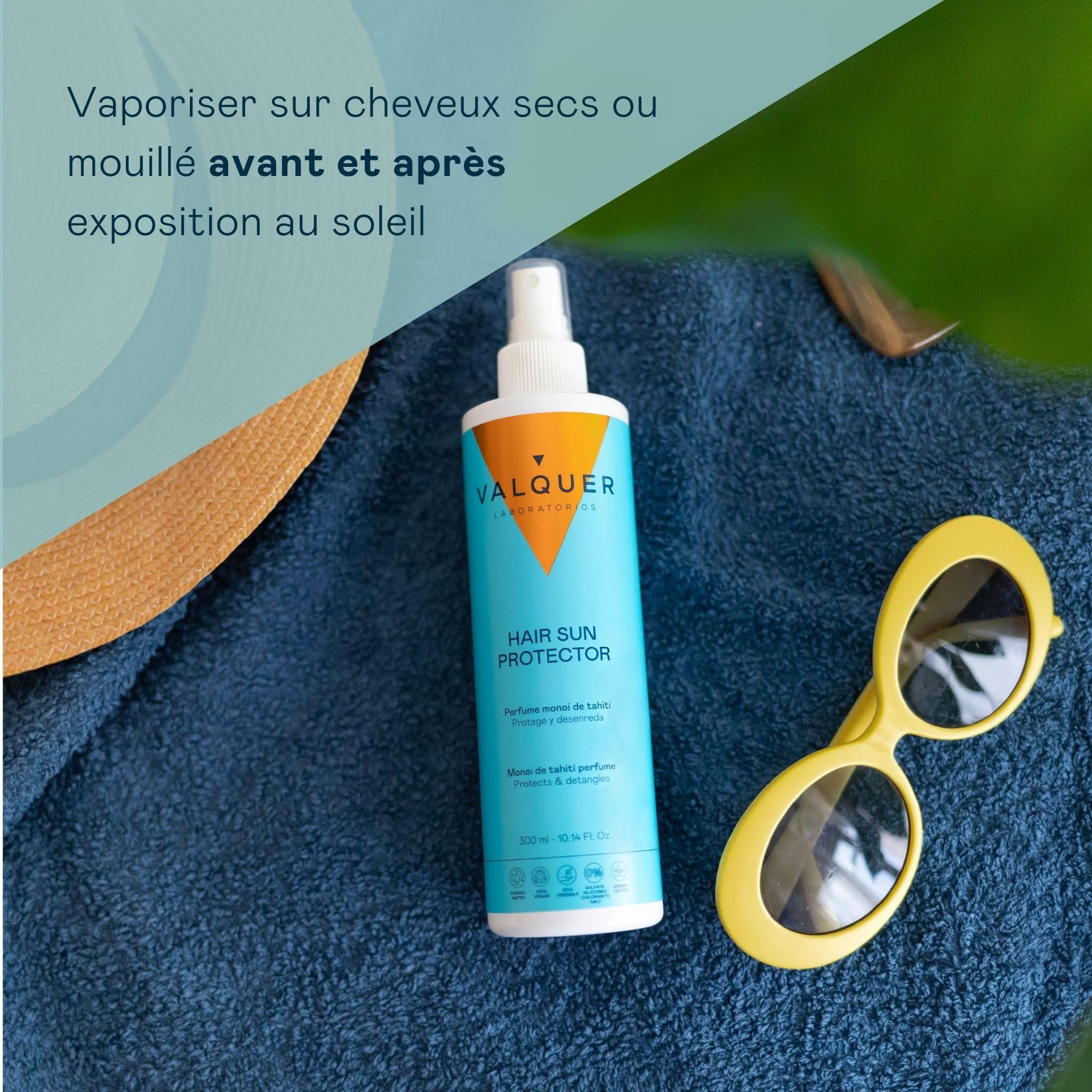 VALQUER Valisol Ochronny Spray do Włosów na Słońce | Ochrona UV przed Słońcem Chlorem i Solą Morską | Z Witaminą E i Prowitaminą B5 | Bez Spłukiwania | Wegański | 300 ml