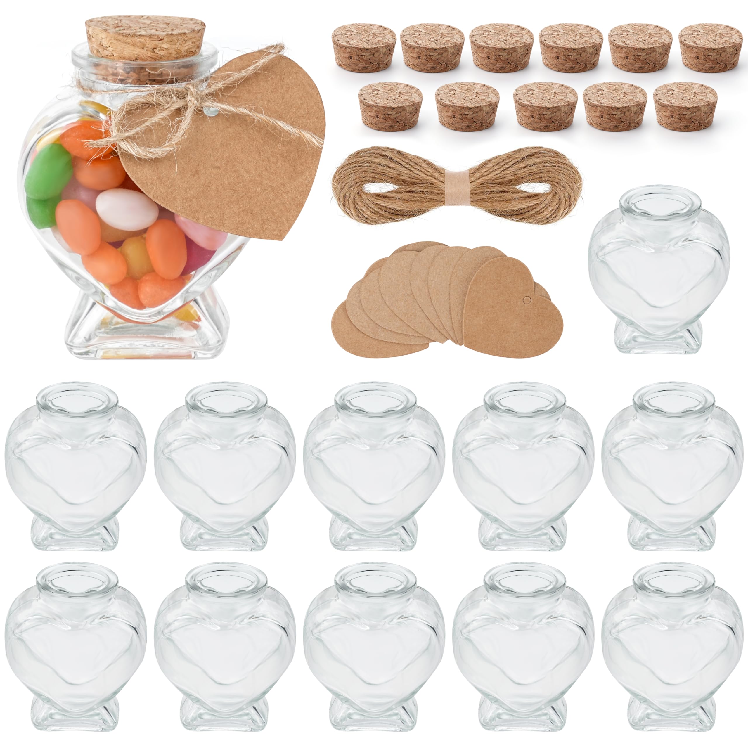 Winter Shore Boccette Vetro Tappo Sughero Cuore da 70 ml con Etichette e Cordoncini - Set da 12 Bottiglie Particolari per Messaggi e Bricolage