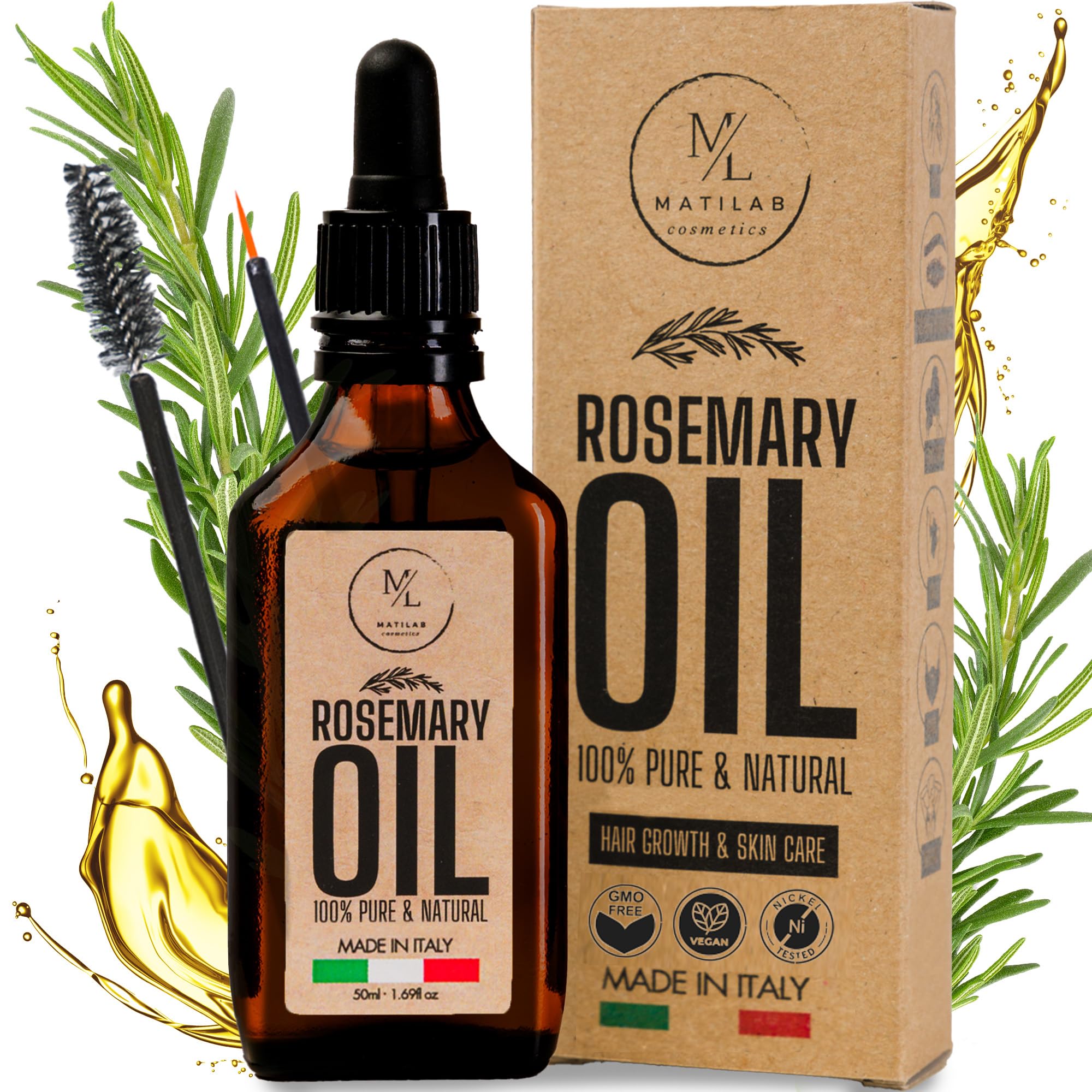 Olio di Rosmarino per Capelli, Stimola la Crescita e Previene la Caduta, Rinforzante con Lino e Biotina, Nutre il Cuoio Capelluto Secco, Infoltisce Ciglia e Sopracciglia, Made in Italy 100%