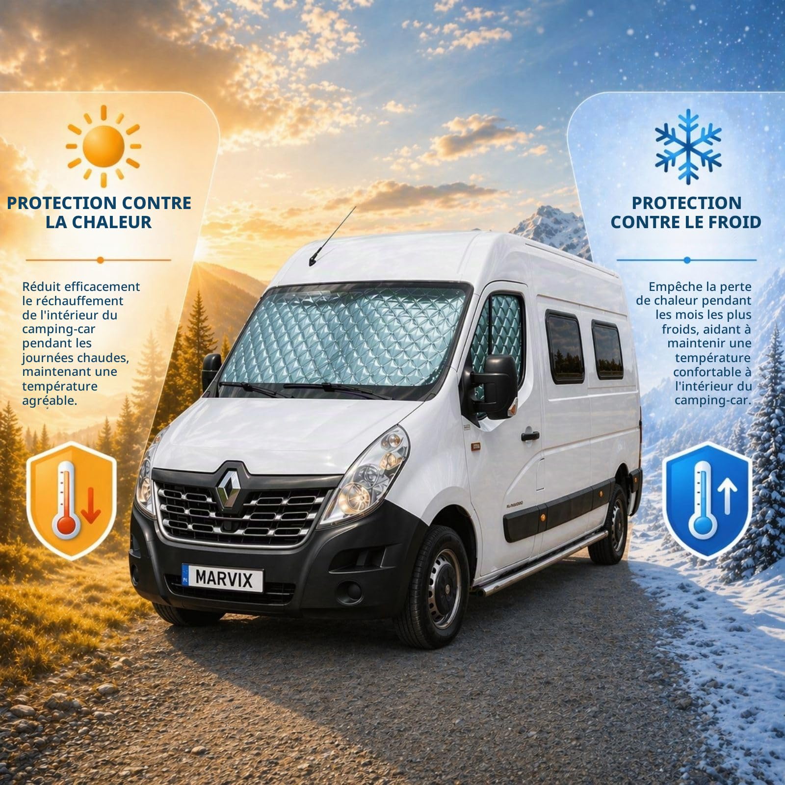 Marvix Protection de pare-brise isotherme Premium à 9 couches pour Renault Master à partir de 2010 et Movano 2010-2020 pour camping-car Isolation pour fenêtre