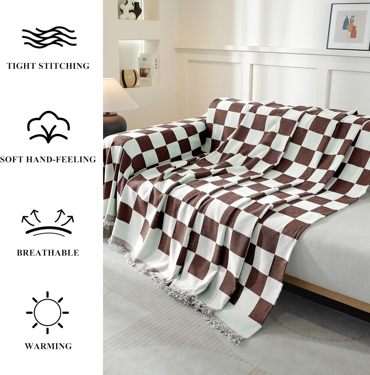 Couch Cover for Sofa, Boho Sofa Cover Washable Couch Cover for Dogs, Pet Sofa Cover for 2-Cushion Couches with Tassel Furniture Protector Cover,71" x 118",Dark Coffee-Square