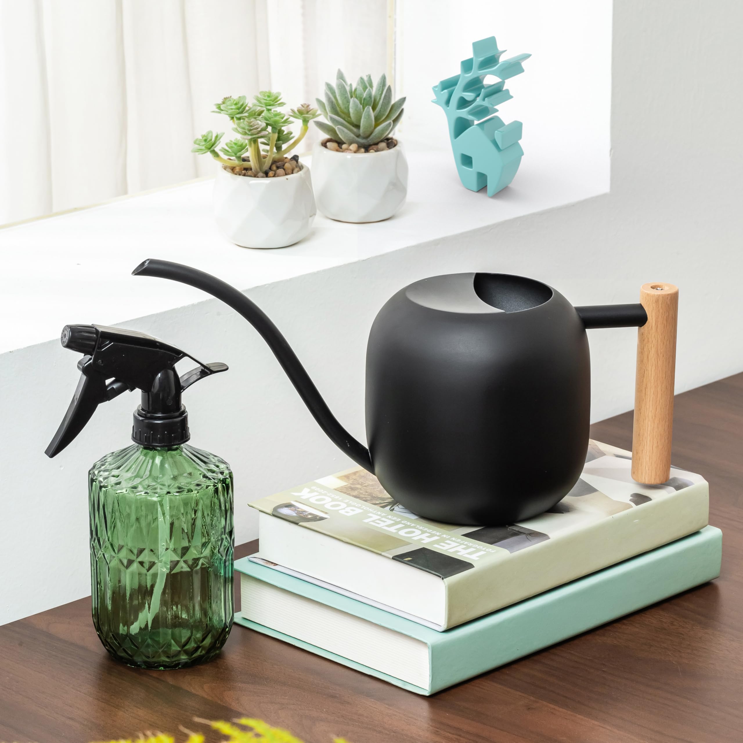Baffect Ensemble d'arrosoir pour plantes d'intérieur comprenant un arrosoir en métal de 1,2 l à long bec et un flacon pulvérisateur en verre foncé de 382,7 g, un flacon pulvérisateur d'eau avec buse