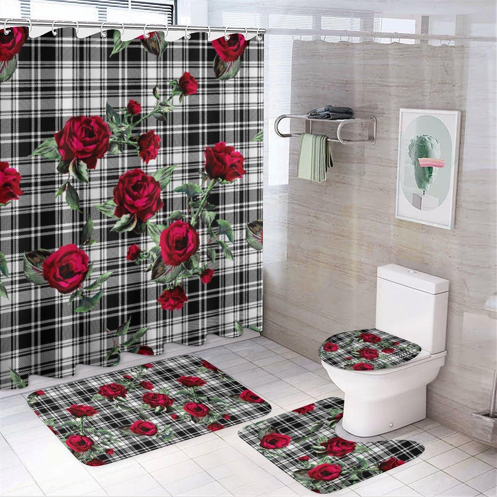 Ensemble de 4 rideaux de douche rose et tapis de bain assortis pour maison