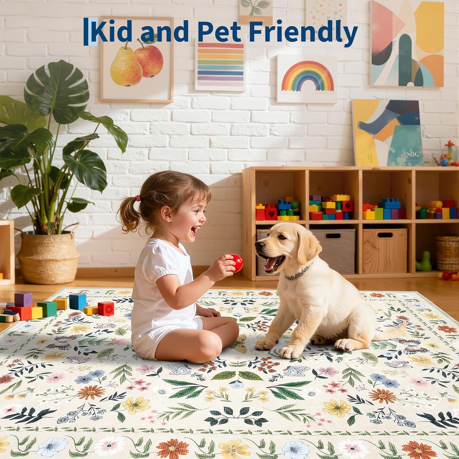 GarveeHome Floral Rug 5x7 Vintage Washable Non-Slip Living Room Carpet Soft Low Pile Thin Bedroom Floor Mat Indoor for Dining Room Playroom Nursery Farmhouse (Beige)