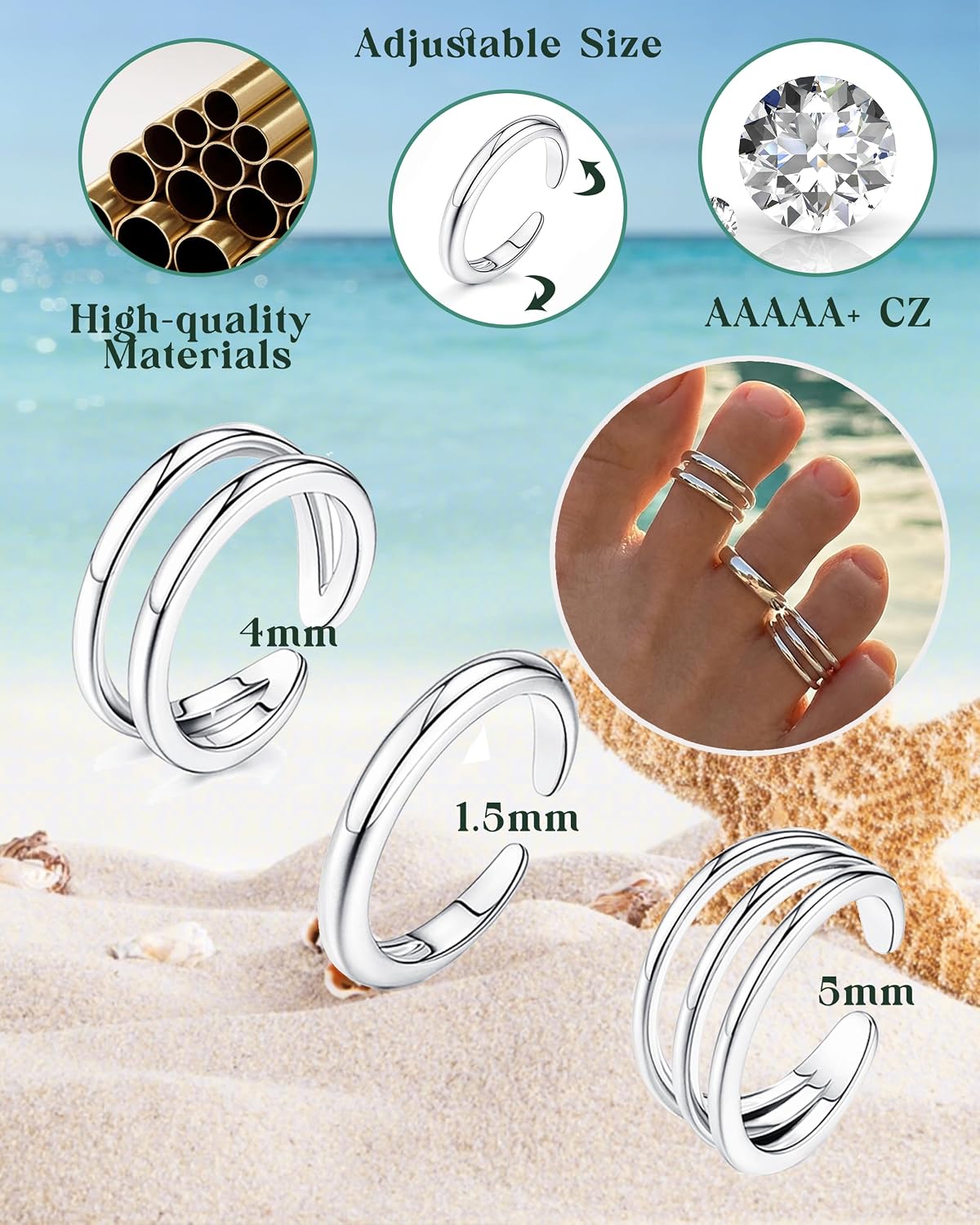 MOZAKA 3Pcs Toe Rings for Women Non Tarnish - Adjustable 14K Gold Plated Toe Ring Silver Dainty Open Toe Rings Set Waterproof Summer Beach Foot Jewelry