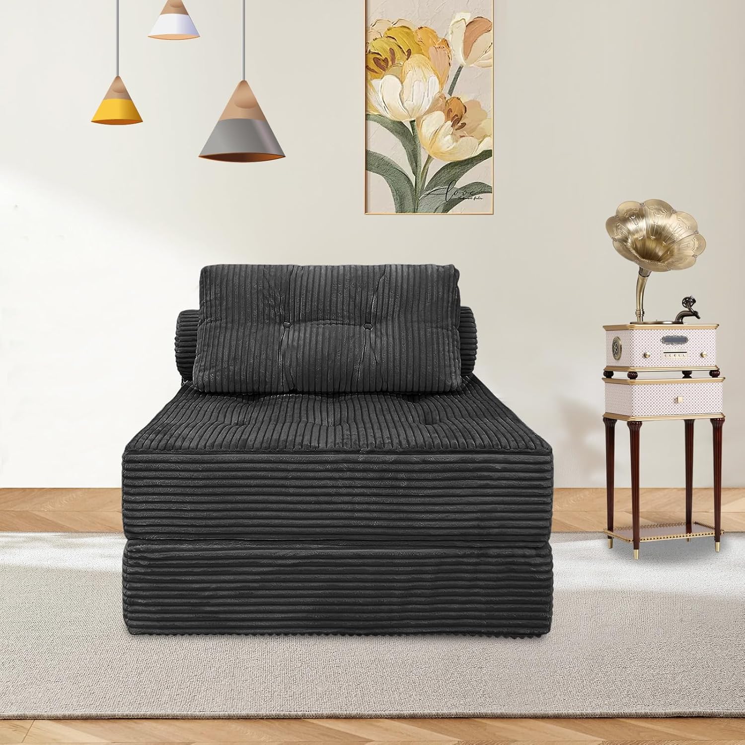 Folding Sofa Bed, Velvet Convertible Sleeper Chair with Pillow, Fold Out Chair Bed with Memory Foam, Futon Sleeper Couch Washable Cover for Dorm/Apartment, Dark Grey Single