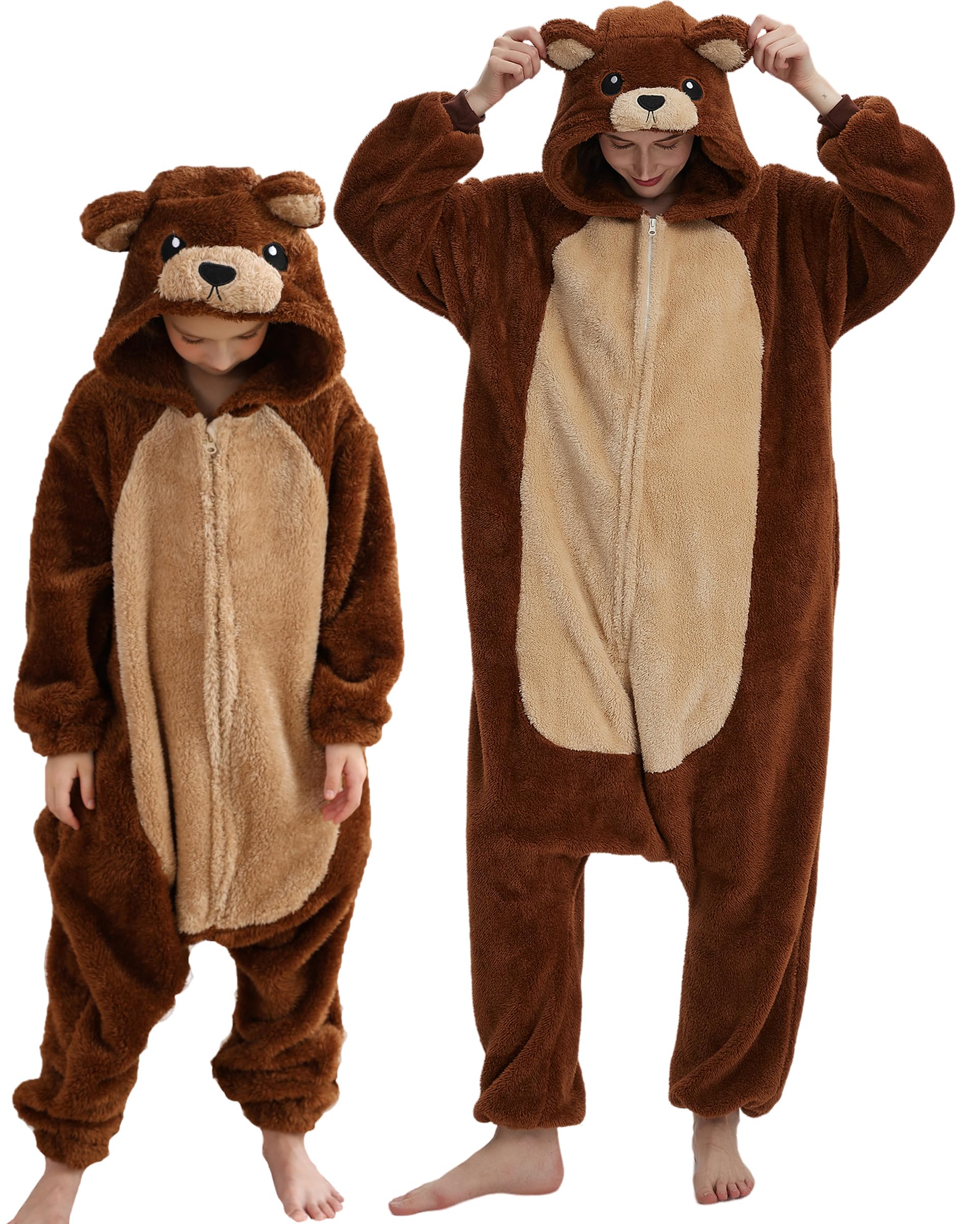 DarkCom Animal Onesie for Kids,Flannel Cosplay Brown Bear Halloween Costume Parent-Child Sleepwear for Girls Boys 4-5 T