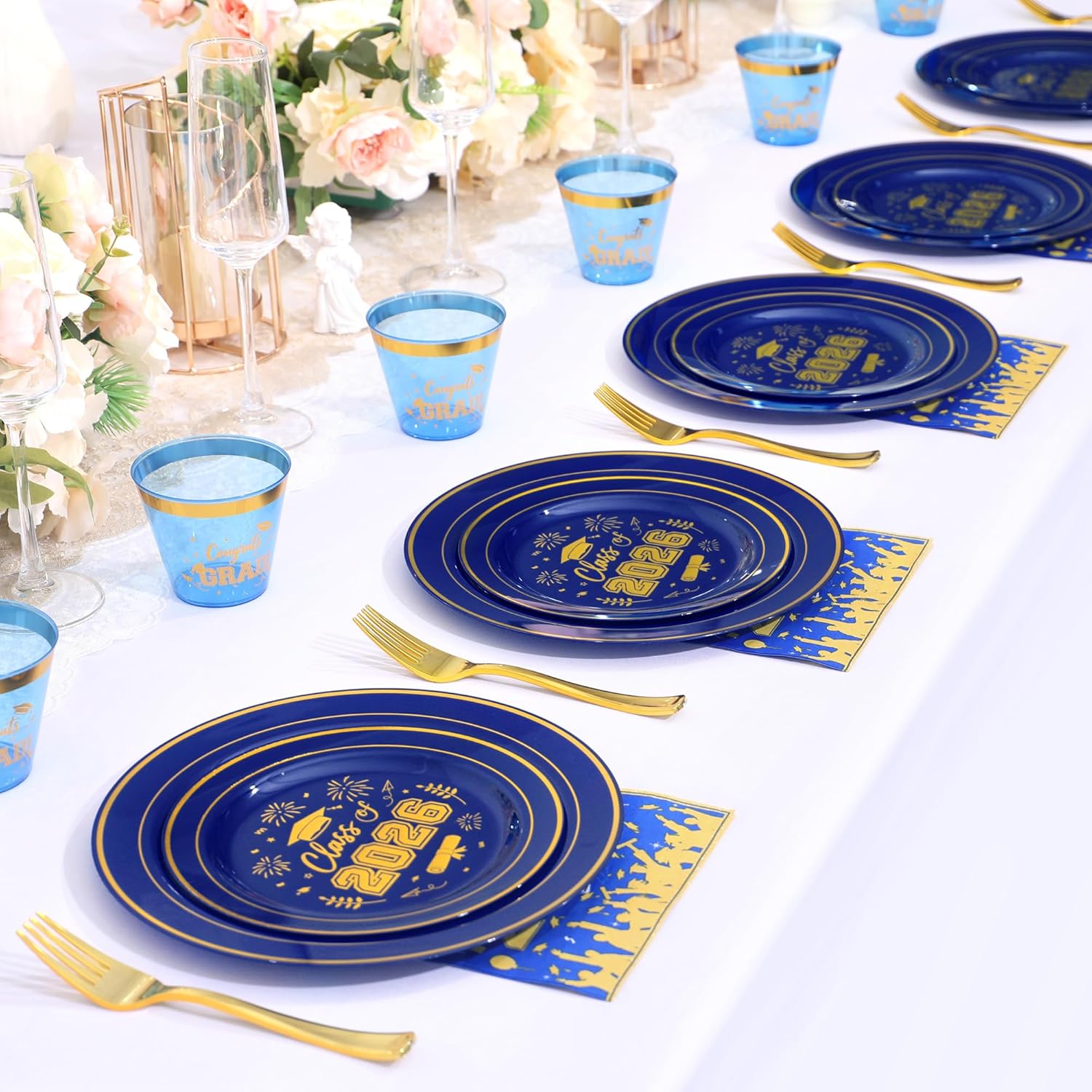 150 Pcs 2026 Graduation Plastic Plates with Disposable Silverware Serves 30 Guests, Blue Gold Graduation Disposable Plates Including 30 Dinner&Dessert Plates, Cups, Napkins, Gold Forks for Party