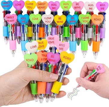 LiYiQ 25 Pcs Valentines Day Conversation Colorful Multicolor Pen in One Cartoon Cute Fun 4-in-1 Pens Bulk Kawaii Be Mine Kiss Me Love Conversation Lovely Ballpoint Pens for Fun Gifts