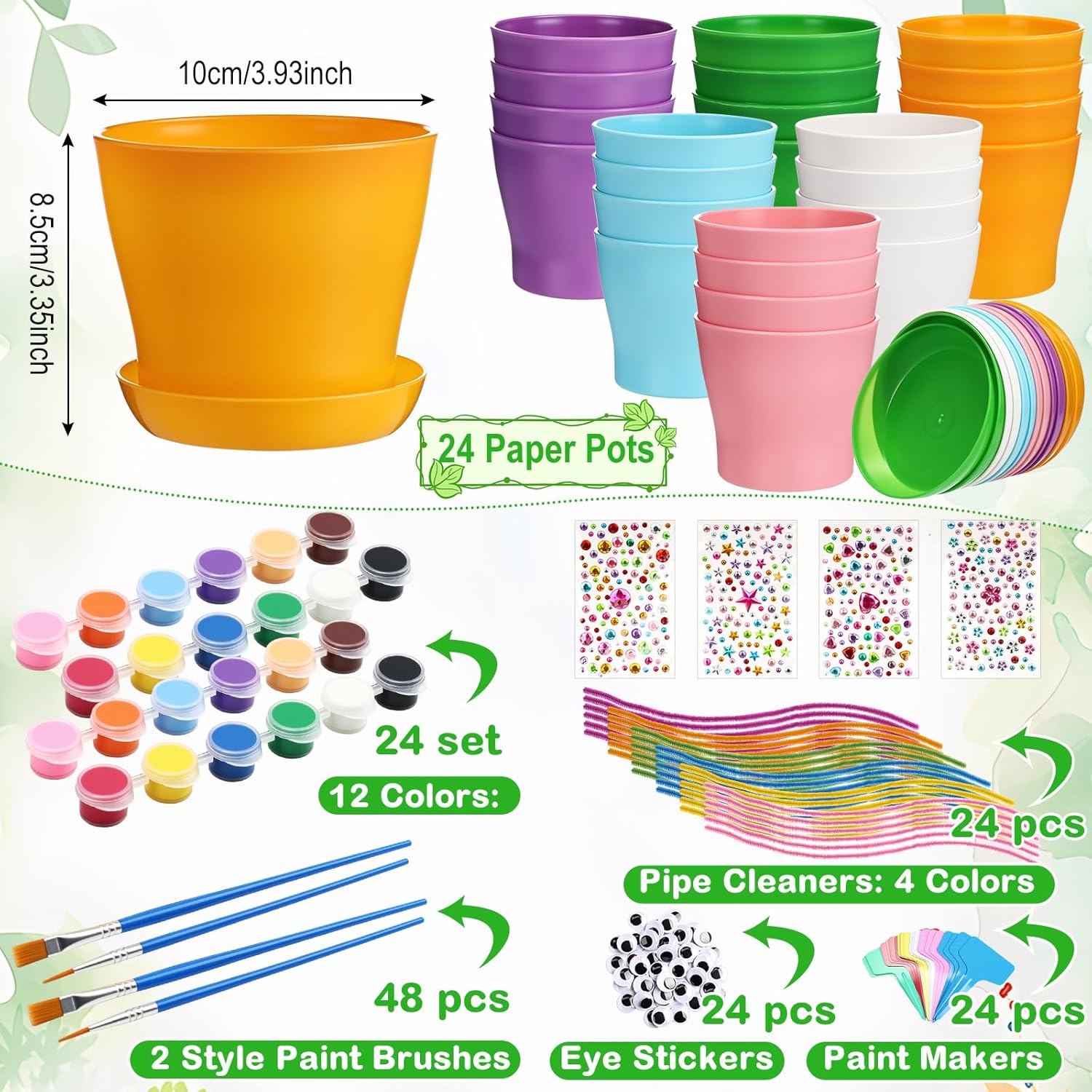 24 Set Garden Plastic Paintable Flower Pot Craft Kit 4" Starter Pots DIY Painting Party Supplies Acrylic Paint Strips Gardening Kit for Planting Crafts Birthday Spring Gift (Round)