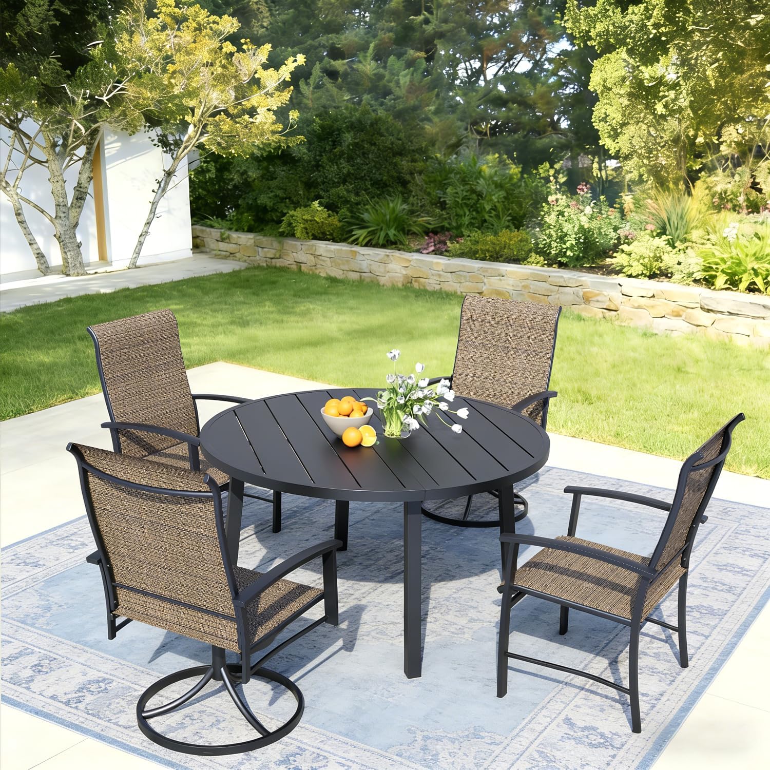 5 Piece Outdoor Dining Set, 42" Black Round Outdoor Dining Table with 2 Mocha Swivel Outdoor Dining Chairs and 2 Fixed Patio Table and Chair Set of 4 for Lawn, Garden, or Porch