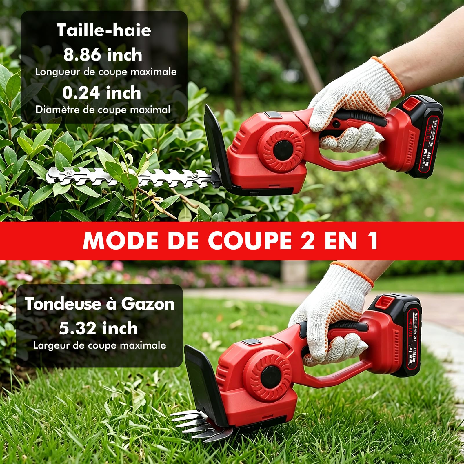 Taille Haie Et Cisaille A Gazon sur Batterie, 2 en 1 Mini Taille Haie sans Fil Et Taille-Herbes avec 2 Lames 220mm(Arbustes) /135mm(Herbe), Sculpte-Haies Et Taille-Herbes avec 2* Batterie 1500mah 21