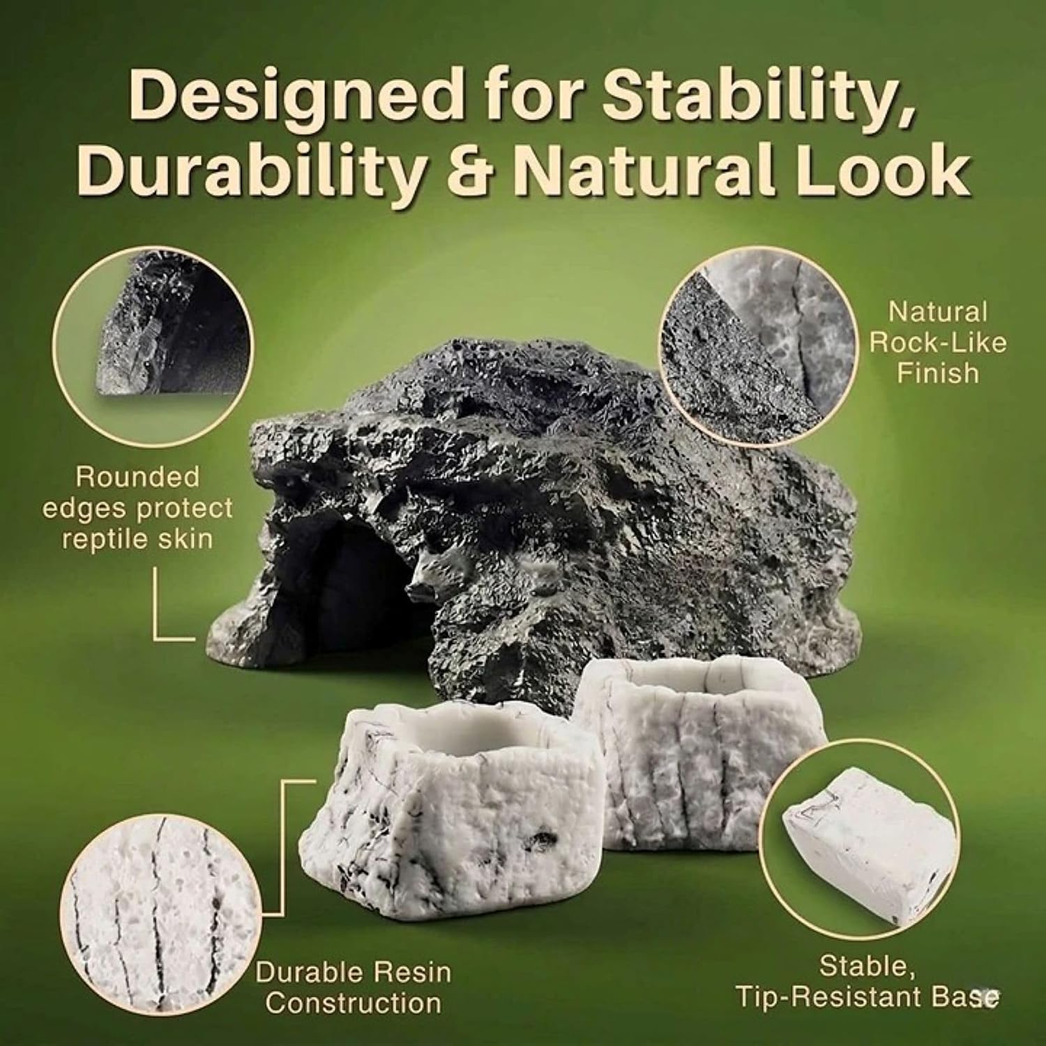Resin Rock Reptile Hide Cave Set with 2 Bowls | Resin rock hideout with 2 food & water bowls. Ideal size for small reptiles, geckos, frogs and young bearded dragons.