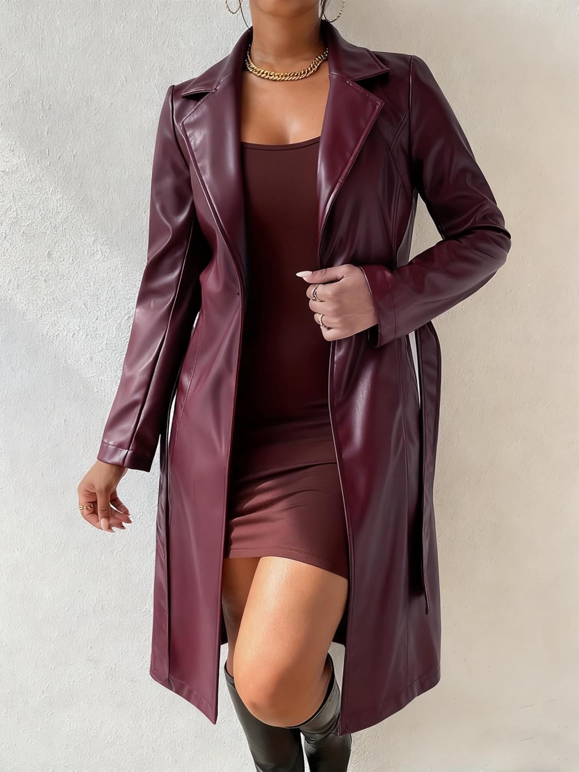 utcoco Womens Long Leather Jacket Classic Lapel Open Front Leather Trench Coat with Belt - Image 3