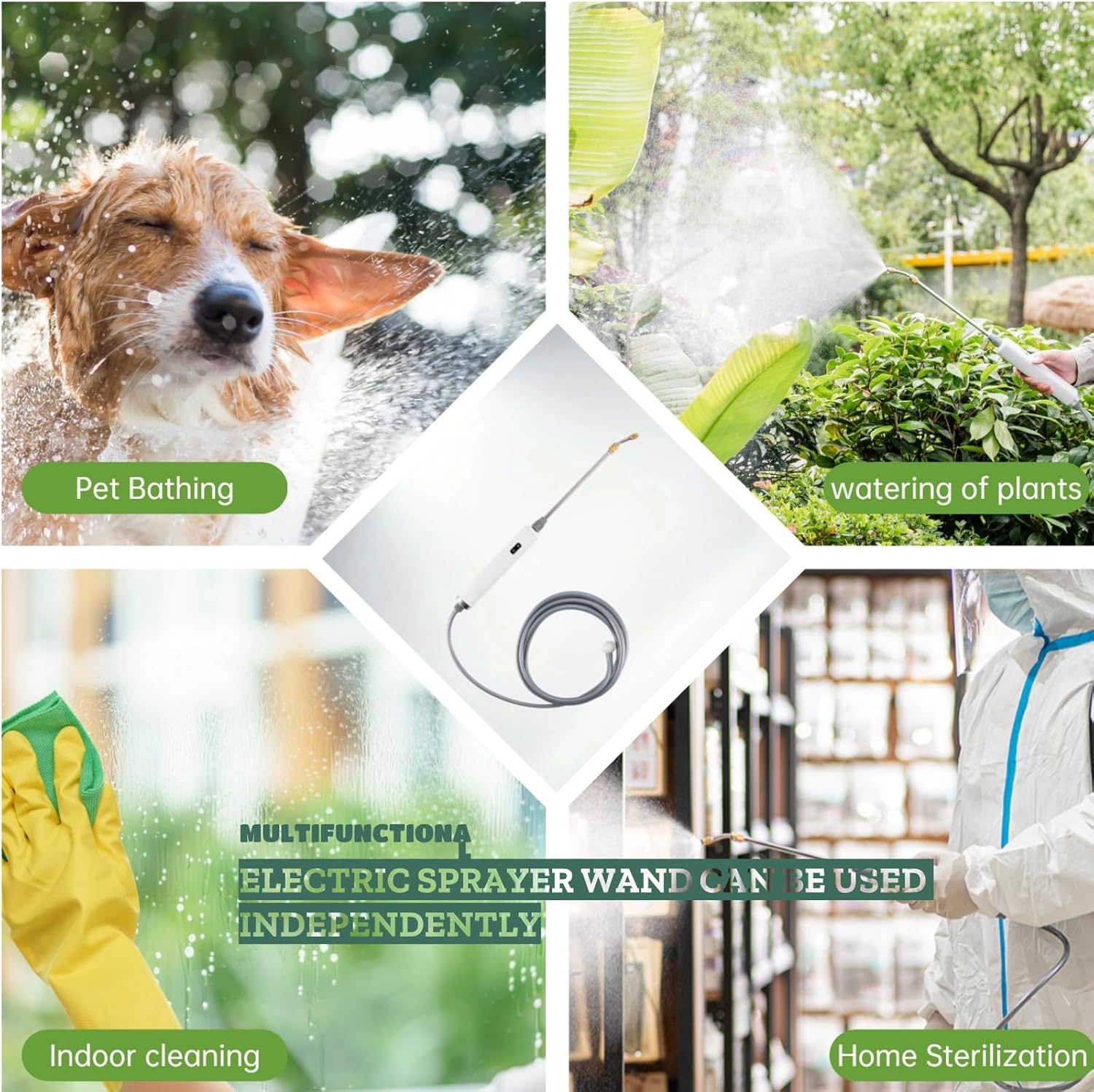 Multifunctional uses of the electric sprayer: pet bathing, plant watering, indoor cleaning, home sterilization