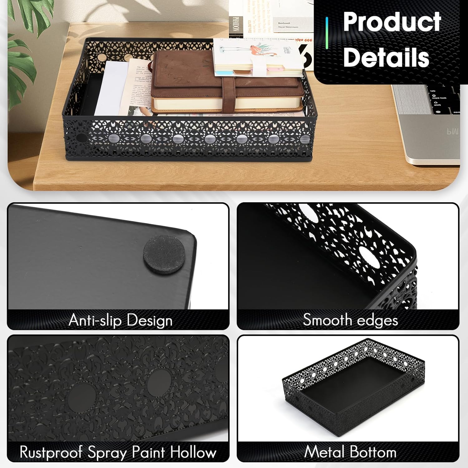 Desk Drawer Organizer, A4 Large Metal Mesh Desk Organizer Tray, Carved Hollow Floral Desk Letter Tray, Versatile Storage Basket for Office Home Supplies,13x9x3 inches (Round Holes,2 PCS)
