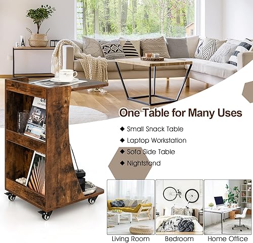 Miniatura 17 de GOFLAME Juego de 2 mesas auxiliares en forma de C, mesa auxiliar de sofá móvil con 2 compartimentos traseros de almacenamiento, ruedas giratorias