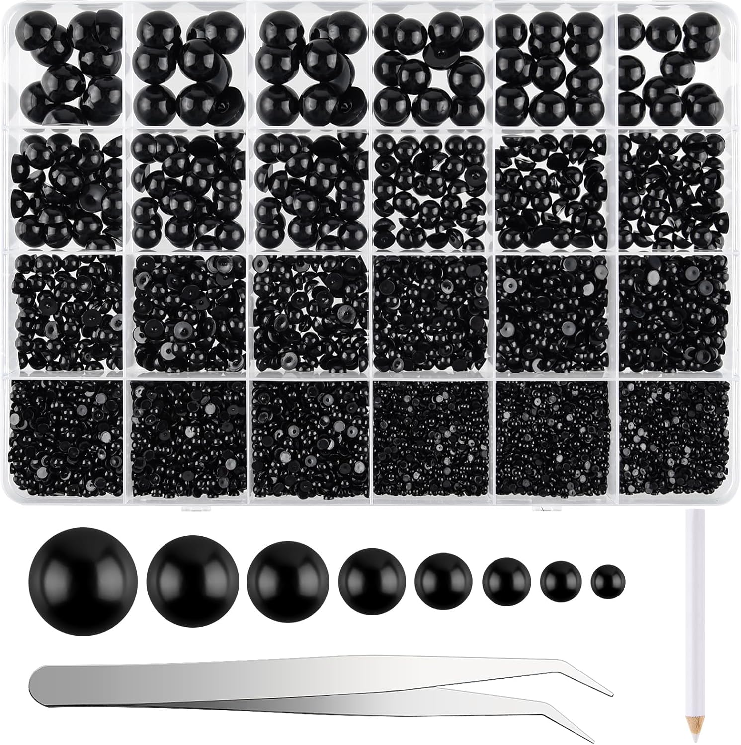 NACHLYNN 12000 Pcs Half Pearl Bead 8 Sizes Black Flatback Pearl Beads Half Round Pearls for Crafts Embellishment Shoes Phone Case Making