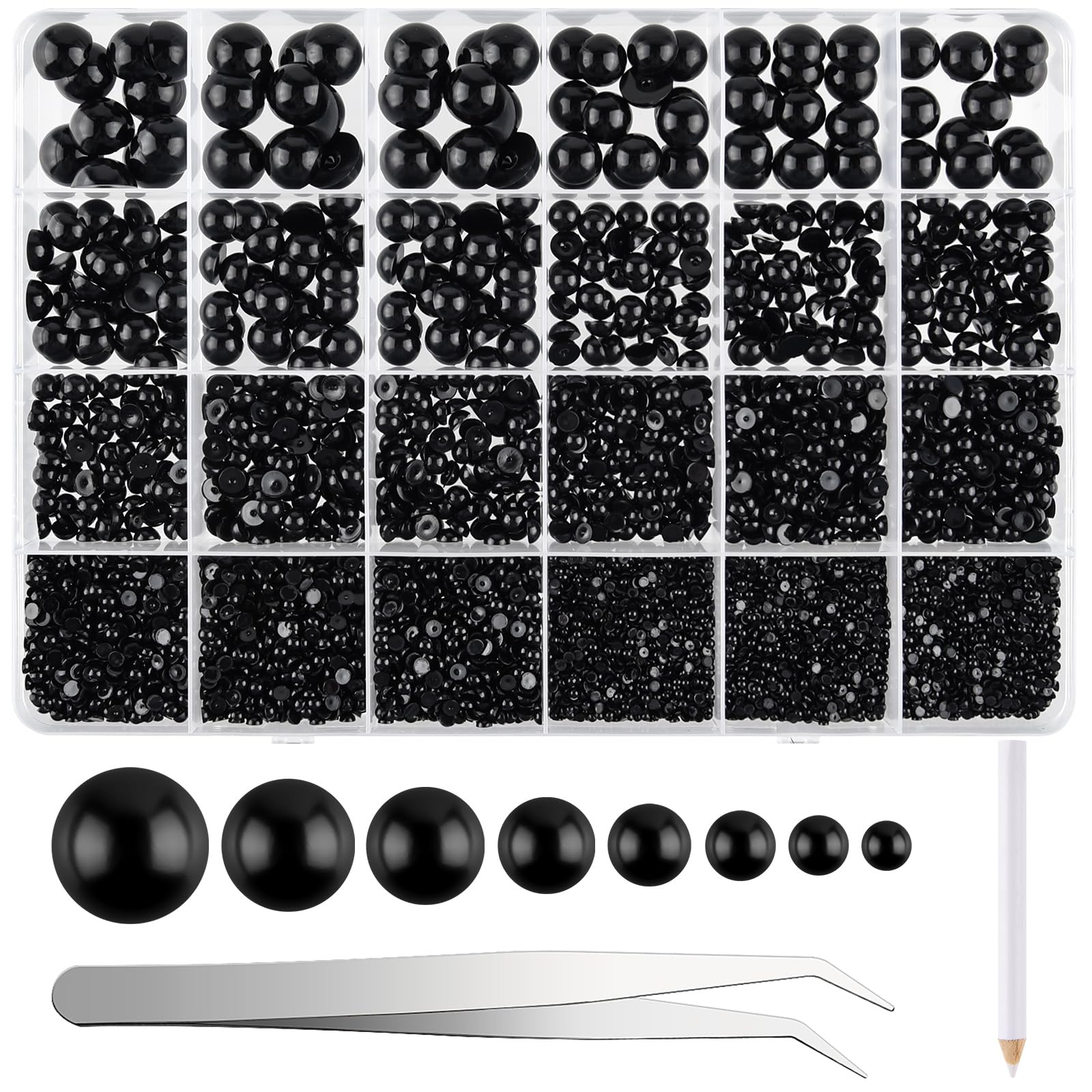 12000 Pcs Half Pearl Bead 8 Sizes Black Flatback Pearl Beads Half Round Pearls for Crafts Embellishment Shoes Phone Case Making