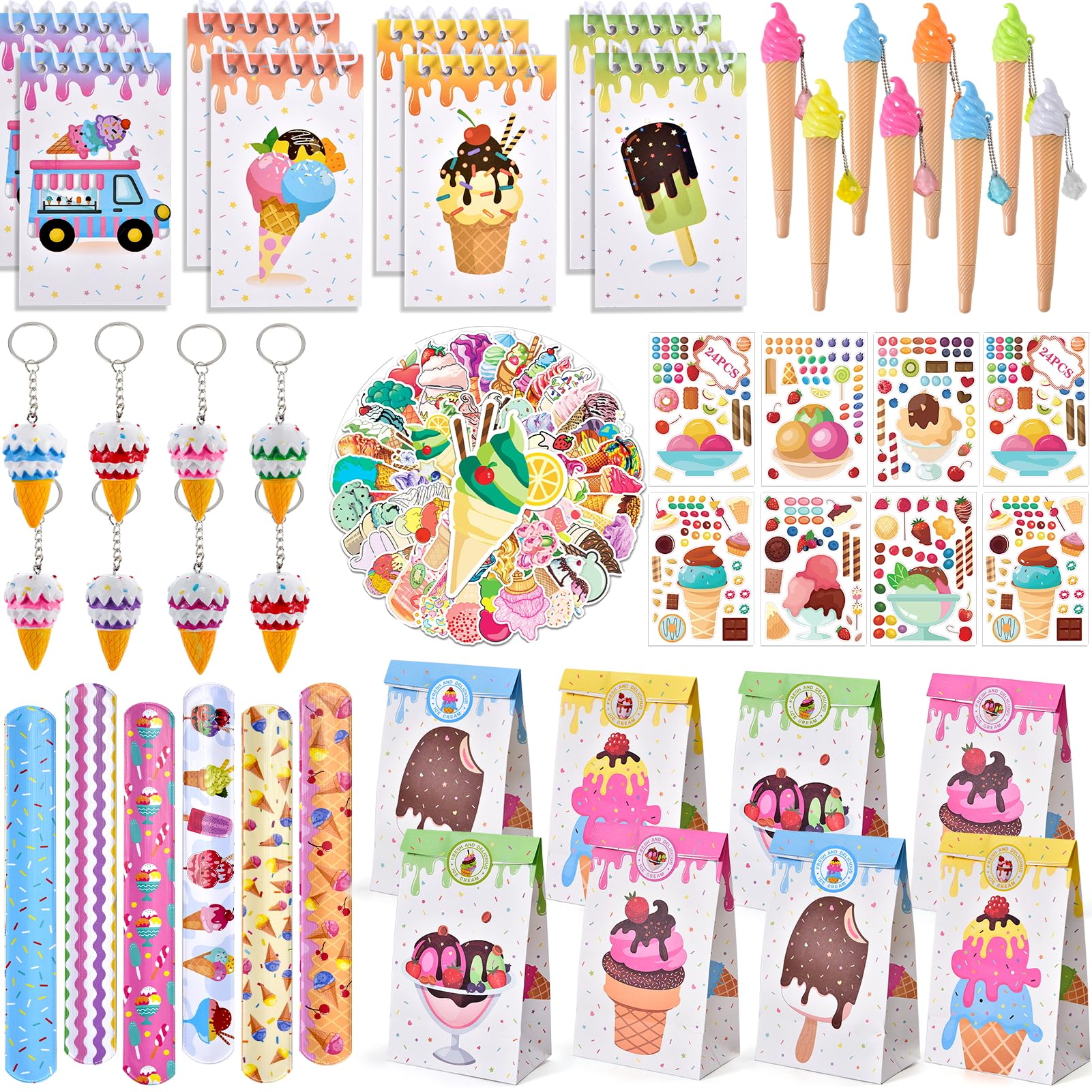 Tacobear 98pcs Ice Cream Party Bag Fillers for Girls with Mini Notebook Pen DIY Stickers Slap Bracelets Keychains Gift Bags Ice Cream Stationery Set Kids Birthday Prefilled Party Bags Favours