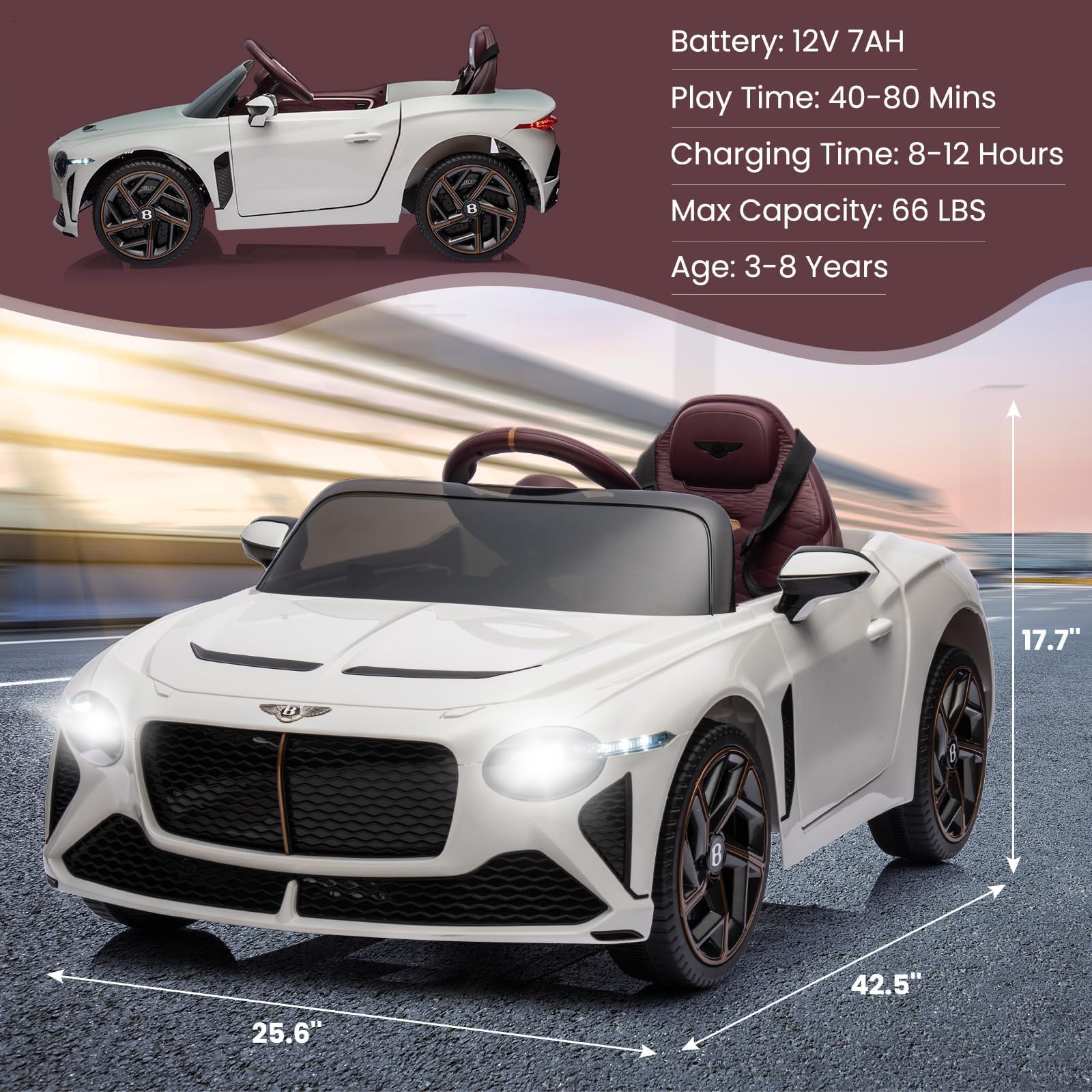 Garvee Coche Eléctrico Infantil Lujo Bacalar 12v – Licencia Oficial, Mando Parental, Puertas Tijera, Suspensión, 3 Velocidades, Luces LED, Música, Claxon – Vehículo Infantil Seguro – Color Blanco