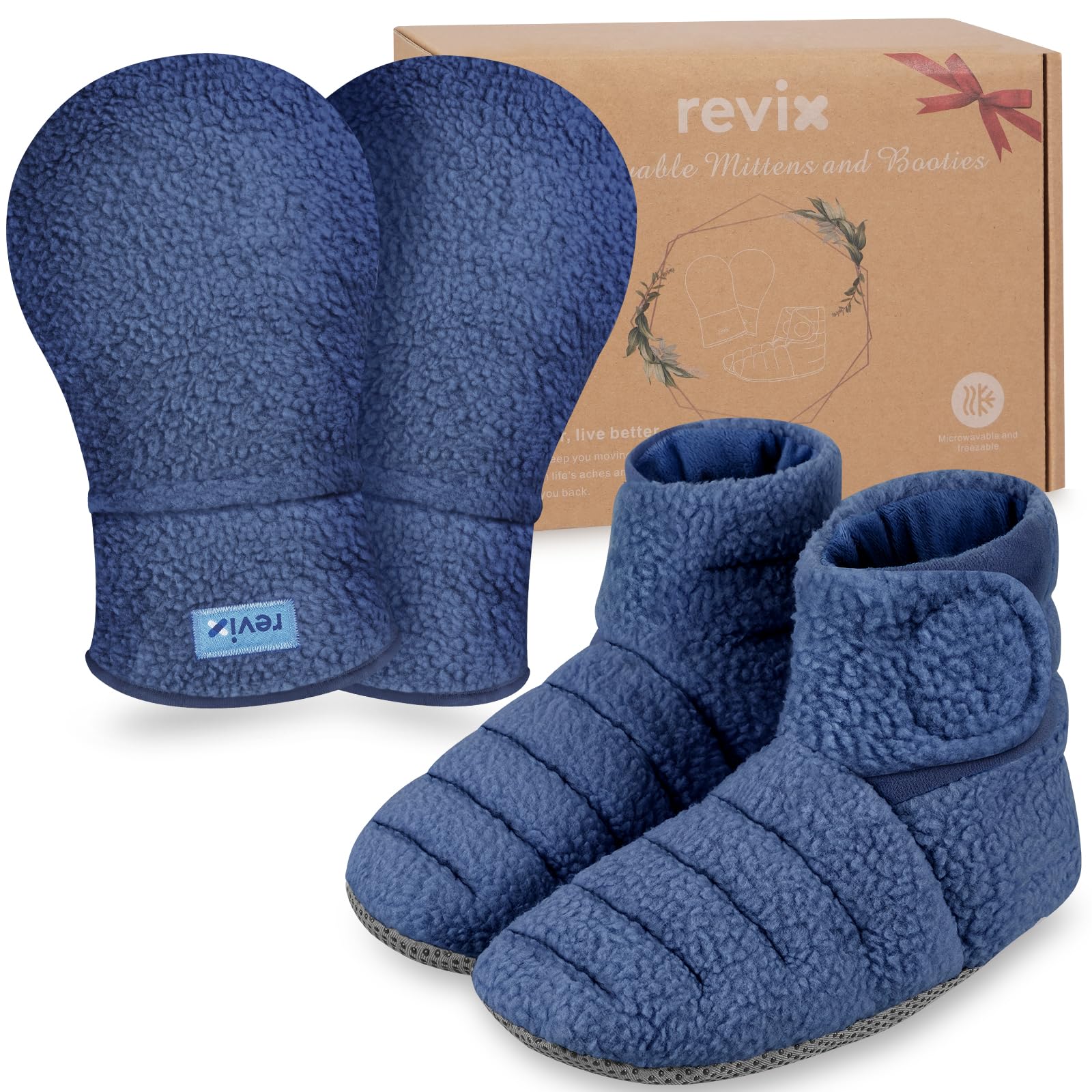 Photo 1 of **USED/DIRTY** REVIX Microwavable Heating Mittens and Feet Warmers, Hand Warmer Gloves for Women and Men, Microwave Heated Foot Warmer for Fatigue and Discomfort Relief, Cold Feet Reliever, Navy S, Set of 2