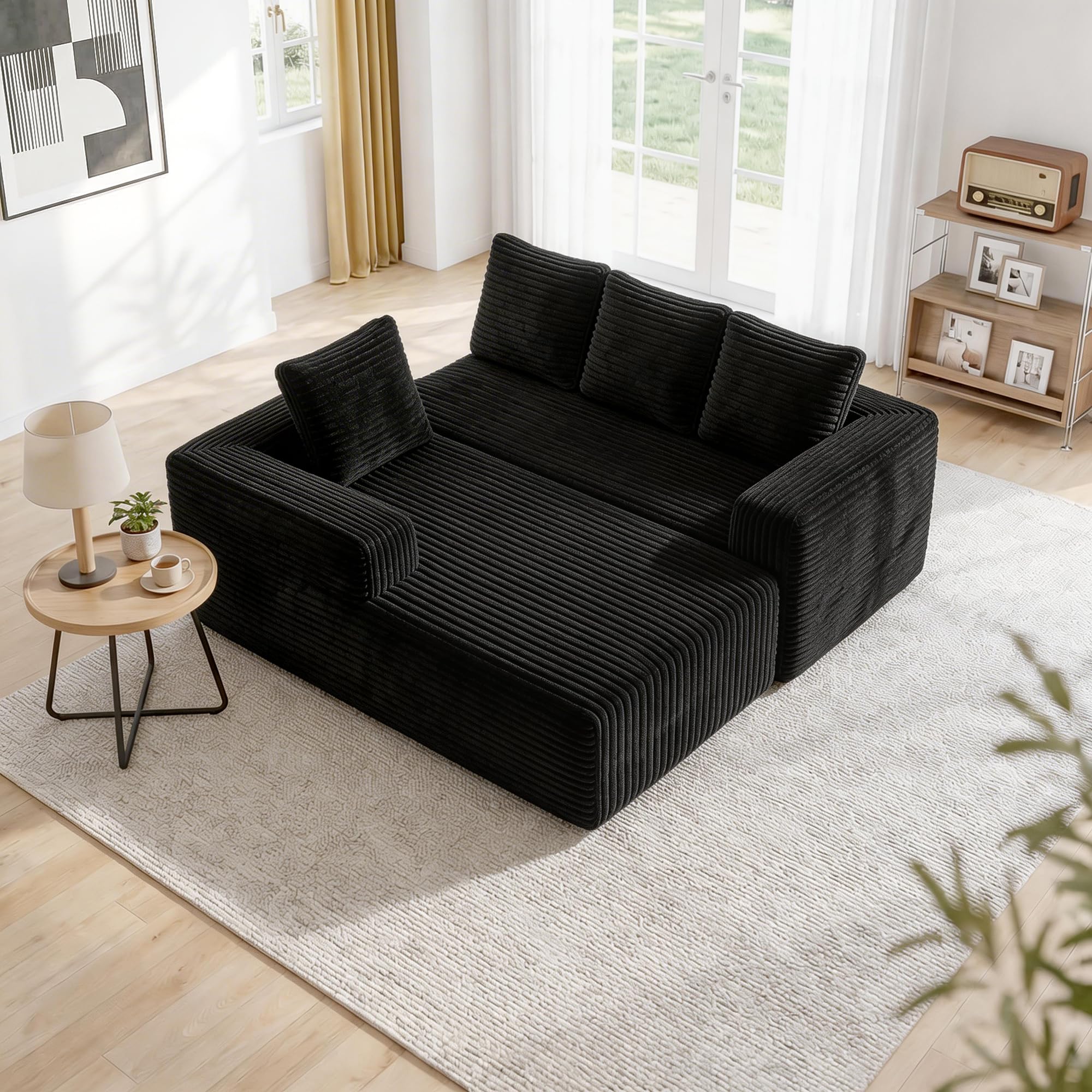 Sofá modular de 4 plazas moderno de pana con chaise longue orientada a la derecha para salón o dormitorio (B-negro)