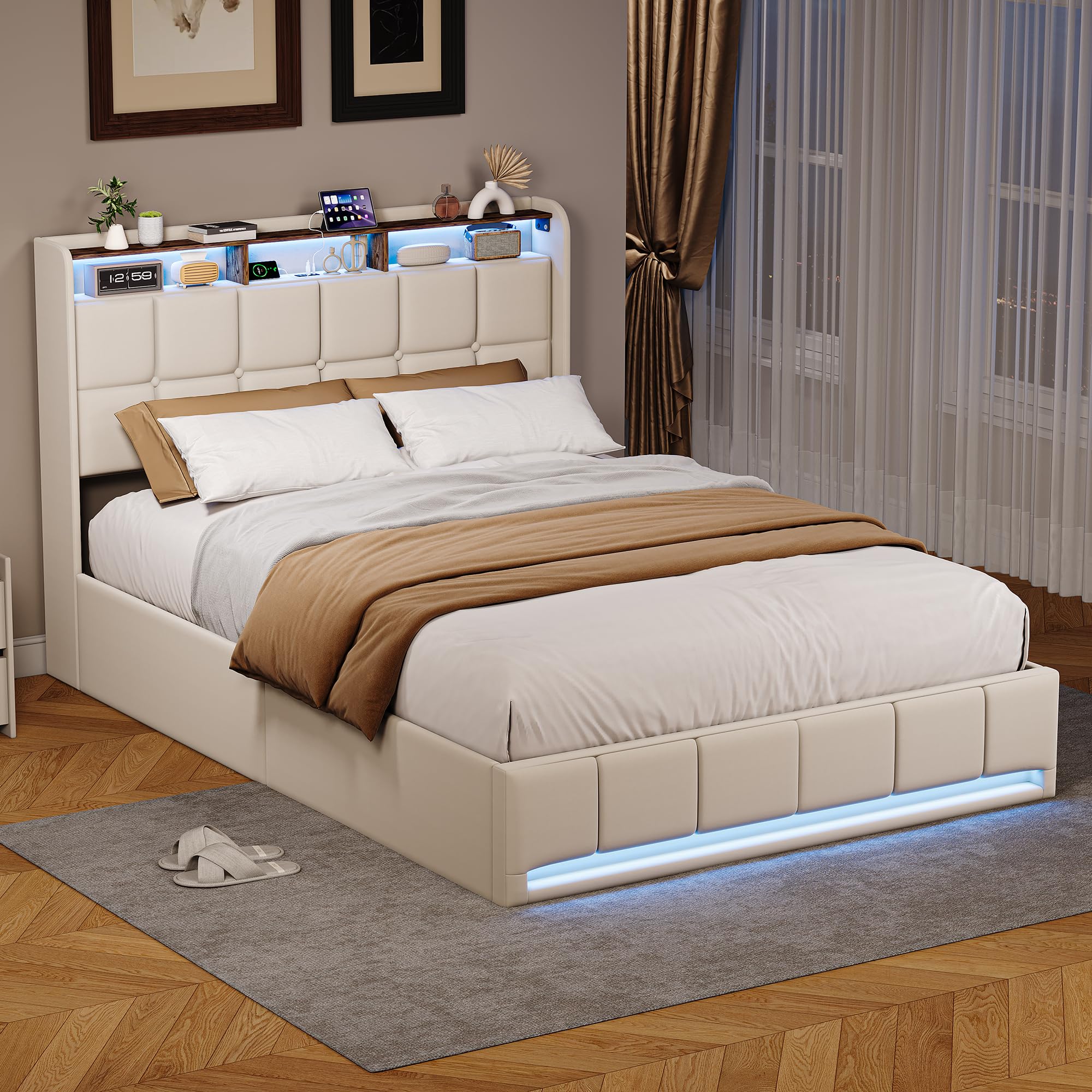 Łóżko bagażowe 140 x 190 ze stelażem LED i USB, podwójne łóżko tapicerowane ze schowkiem w łóżku hydraulicznym z platformą, łóżko tapicerowane z 2-osobowym łóżkiem dla dorosłych i dzieci (beżowe-6
